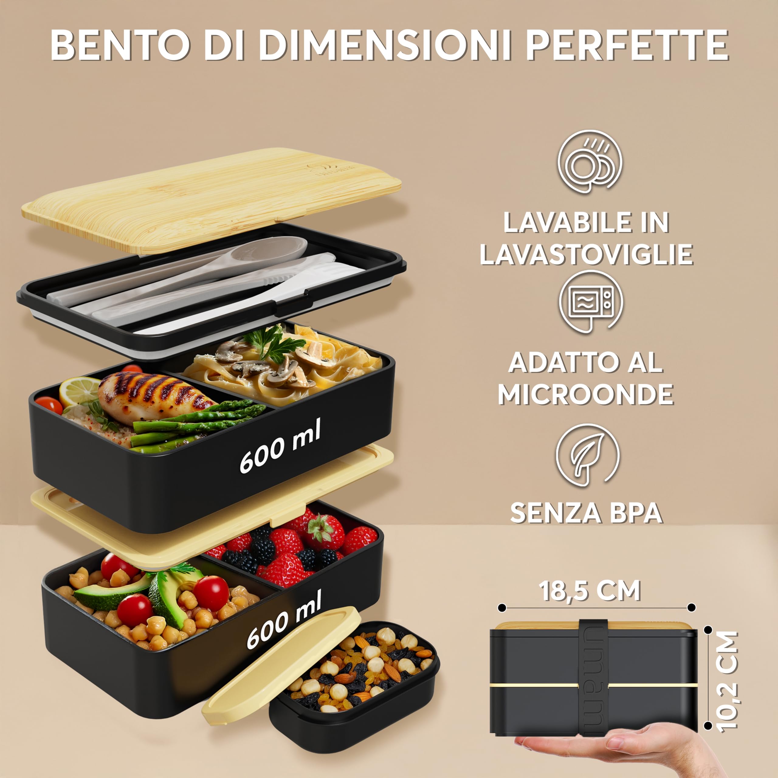 Umami Porta Pranzo Lunch Box Ermetico 4 Scomparti e Posate, Sicuro per Microonde, Lavastoviglie, Portapranzo Ufficio Bento Lunchbox Prova di Perdite per Adulti Schiscetta Pranzo, Nero E Beige, 1200 ml
