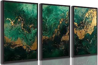 3pcs Emerald Green and Gold Canvas Wall Art Modern Abstract Gorgeous Fluid Marble Paintings Pictures Living Room Wall Decor Posters Print Artwork for Bedroom Bathroom Office Unframed (16L x12W-Poster)