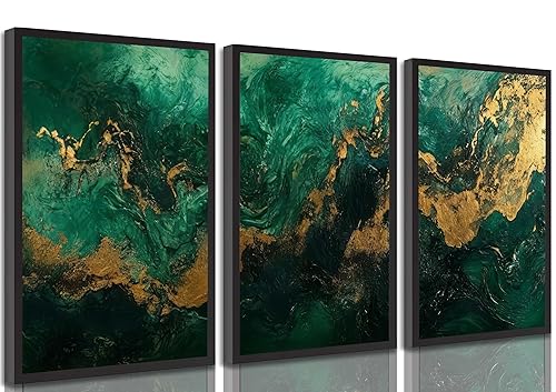3pcs Emerald Green and Gold Canvas Wall Art Modern Abstract