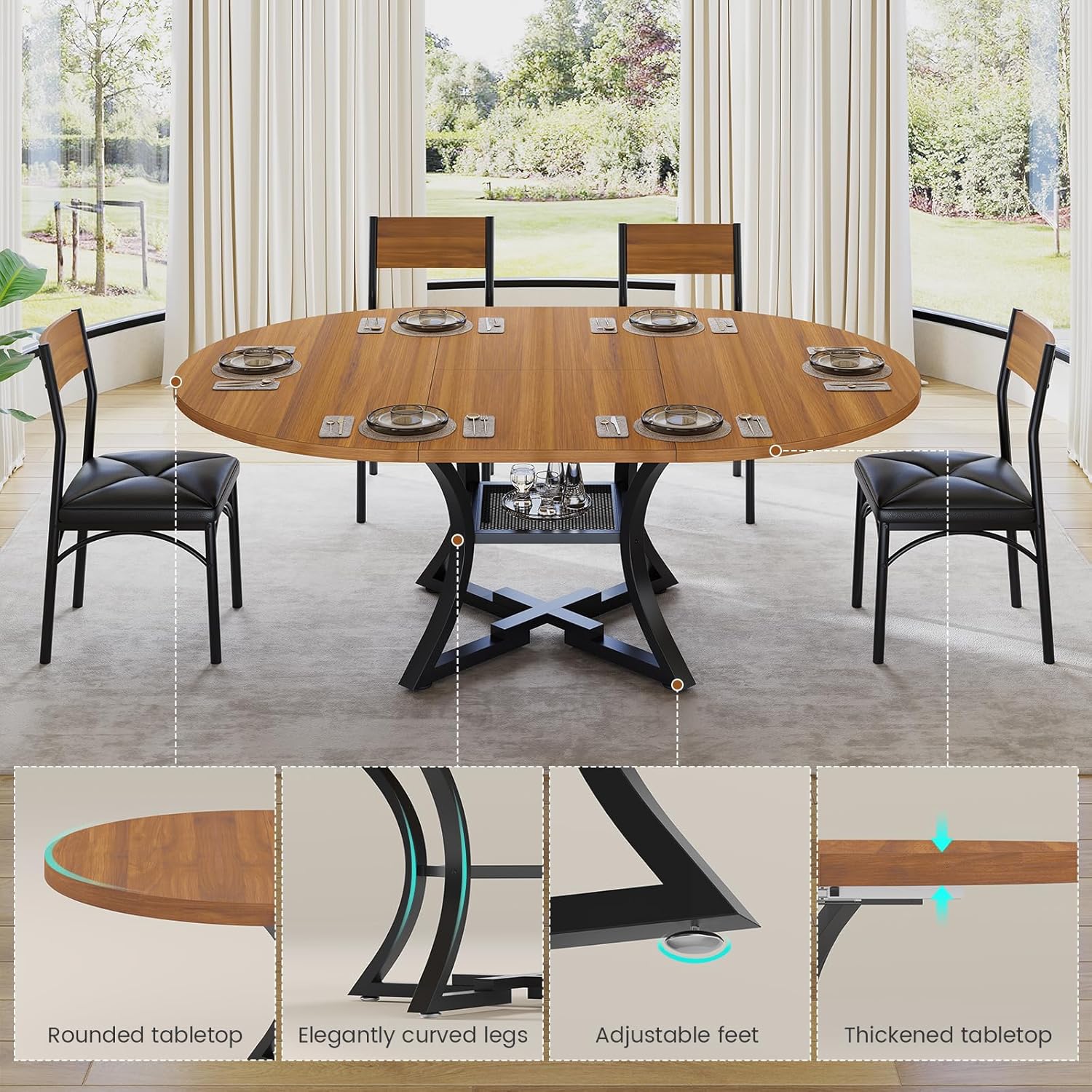 Itaar Round Extendable Dining Table Set for 4-6 People, 5-Piece Kitchen Table Set with 4 Cushion Chairs, Dining Room Table for 6 with MDF Board & Metal Frame for Small Space, Easy Clean, Brown