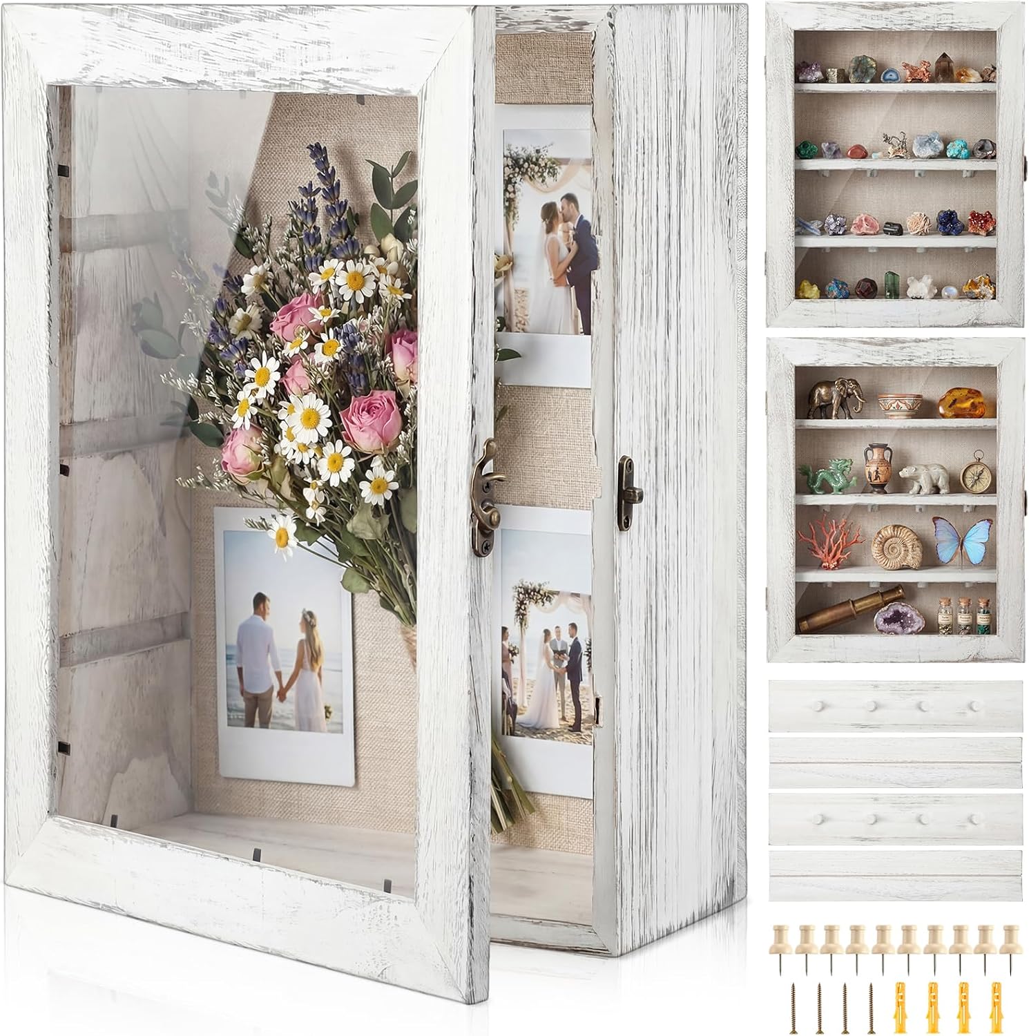 Gerrii Shadow Box Display Case 11 x 13 - Deep 5 Inch Wooden Picture Frame with Linen Back, Removable Shelves, Wooden Memory Case for Wedding Bouquets, Photos, Medals & Keepsakes, White