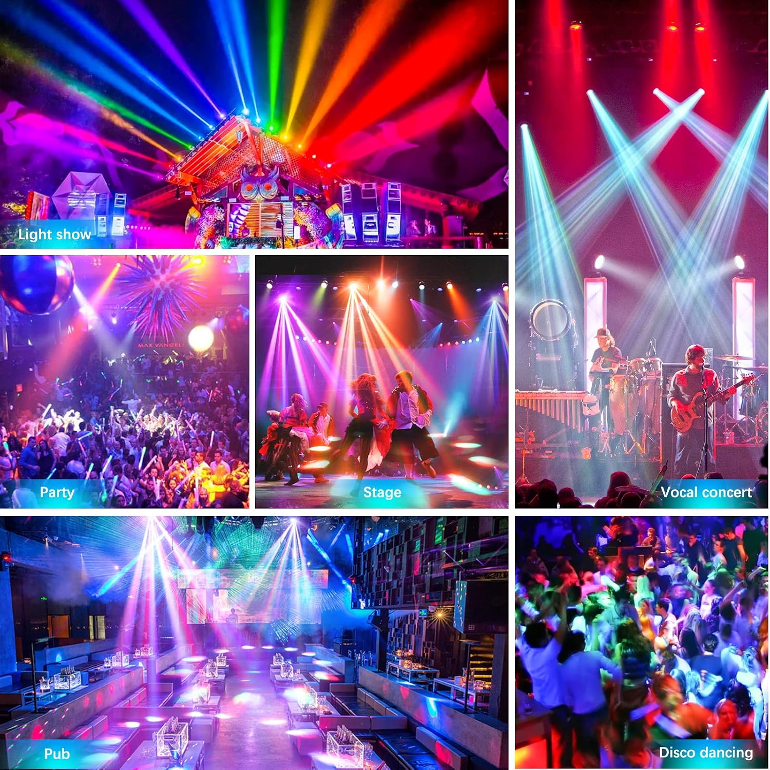 Examples of U`King ZQ02235US Moving Head DJ Light effects in various settings