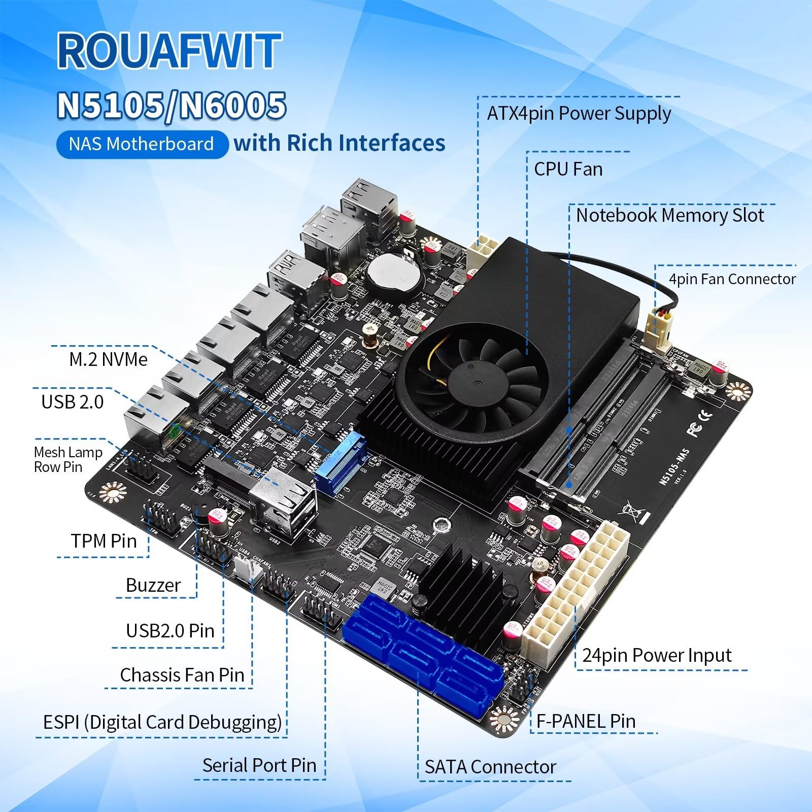 NAS Motherboard Pentium N6005, 6 x SATA3.0, 2 x M.2 NVMe, 2 x DDR4, 4 x I226v 2.5 Gigabit Ethernet, Micro Appliance NAS Board, Barebone, NO RAM NO Storage