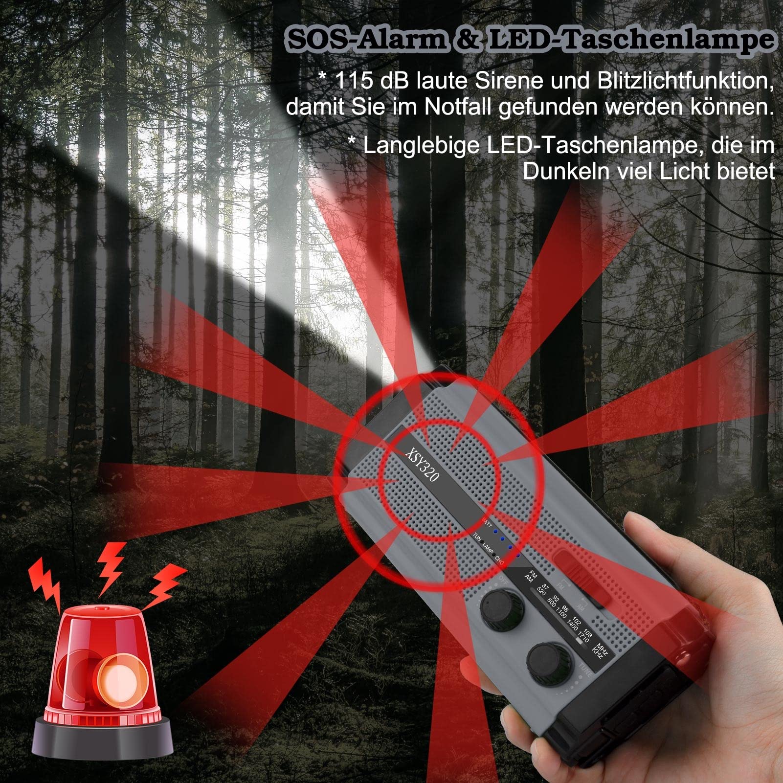 Nigecue - Radio solar, radio portátil con dínamo, radio con AM/FM, batería recargable de 5000 mAh, linterna LED de 3 modos, lámpara de lectura LED, alarma SOS para emergencias al aire libre, color