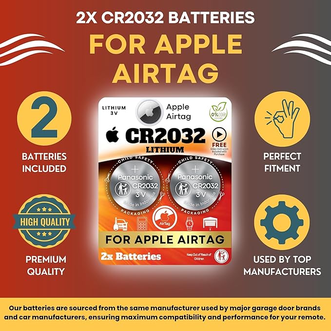 Apple AirTag Battery - 2 Pack CR2032 Litio 3V - Reemplazo para AirTag miniatura 3