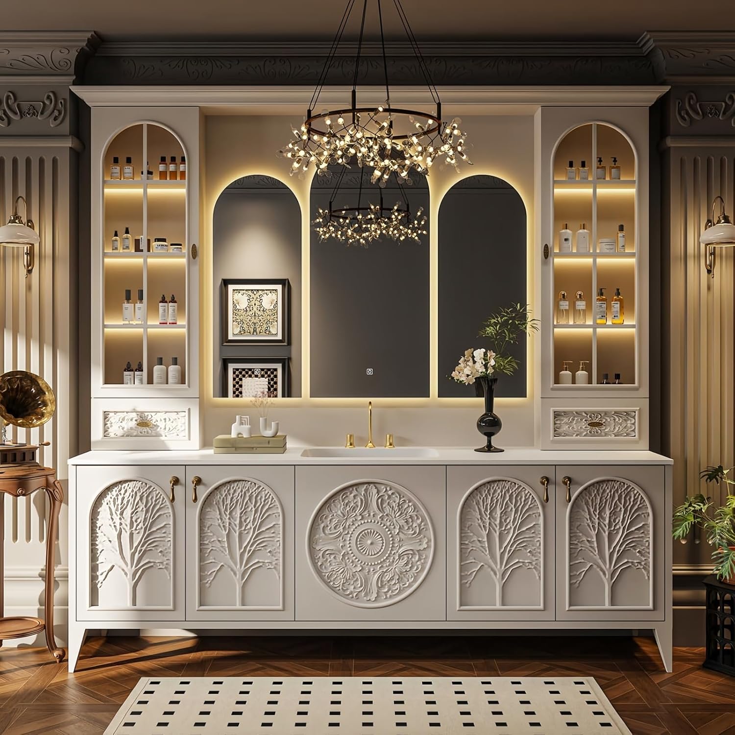 Luxury Bathroom Vanity with Sink - Floor Standing Bathroom Cabinet, Modern and Stylish Vanity with Smart Defog Mirror, Unique Design, Freestanding (White, 68IN)