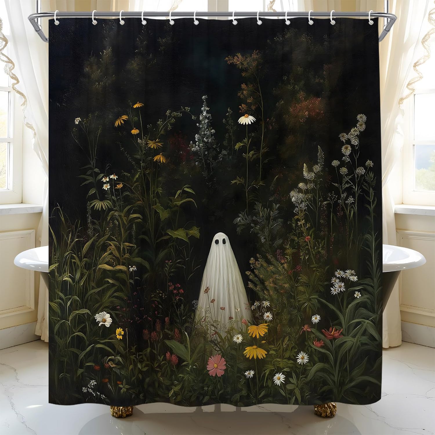 Spooky Halloween Ghost Shower Curtain Gothic Wildflowers Plant,72x72 inch | Horror Holiday Ambience Design,Polyester,Machine Washable,12 Hooks,Splash-proof,Suitable for Multiple Bathroom Scenarios