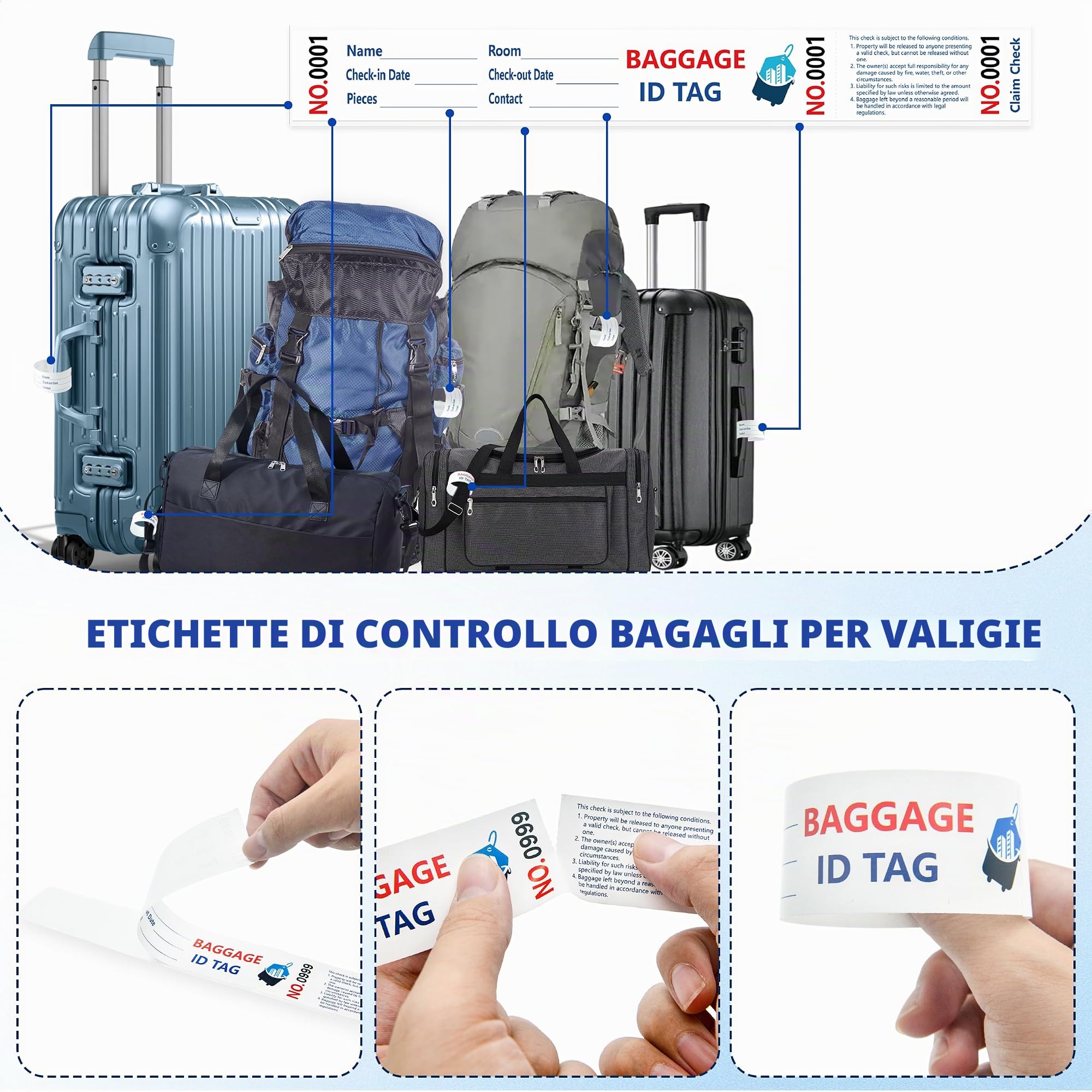 1000 Etichette per Bagagli (1-1000) Etichette per Richiesta Bagagli degli Hotel con Nastro Trasferibile Numerazione in Serie Etichette per Bagagli in Carta Etichette per Richiesta Bagagli Alberghi