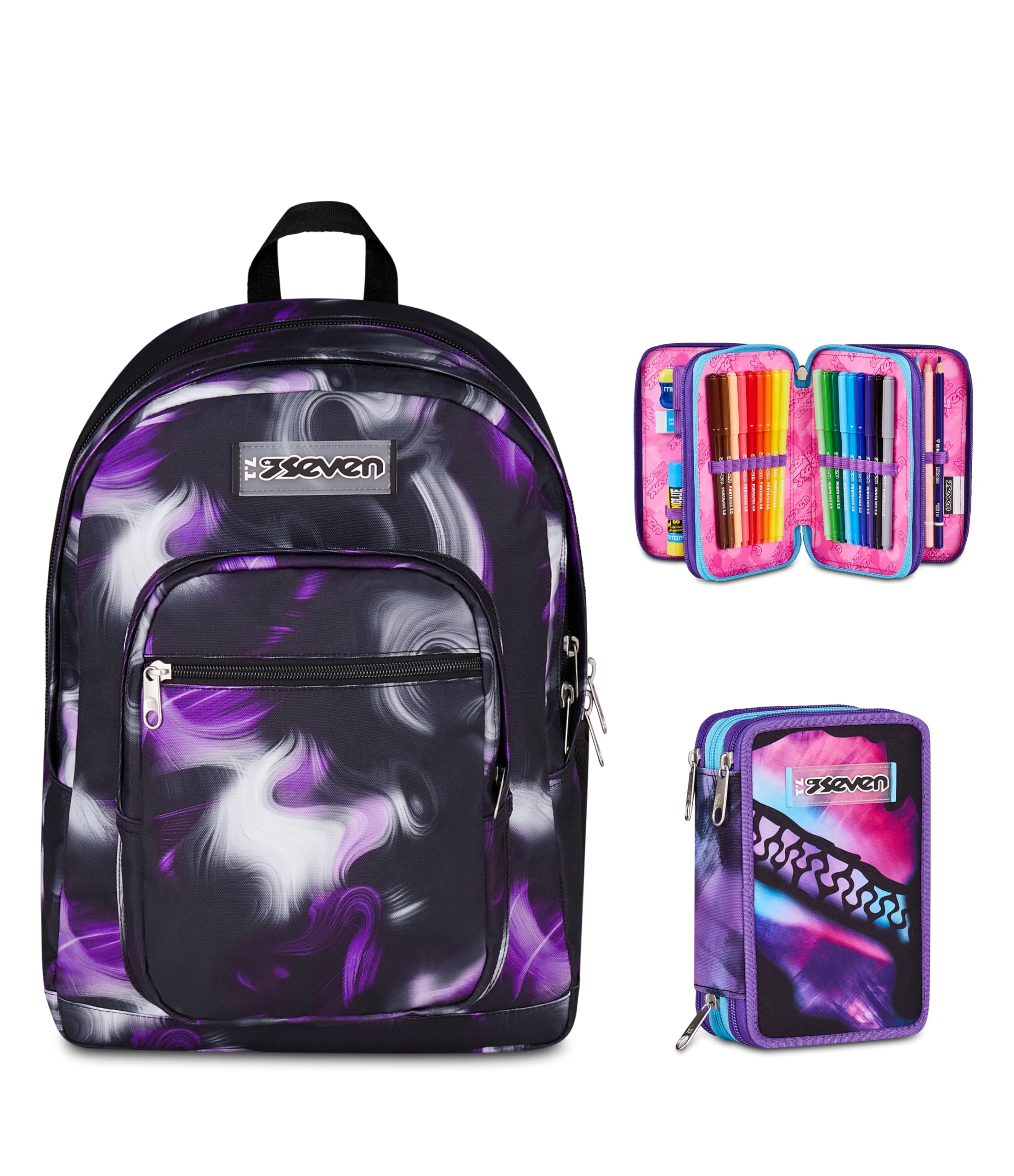 Seven Zaino Scuola FREETHINK, Doppio Scomparto, Nero, 34 L, Bambina, Ragazza + Astuccio 3 zip PINK FUSION, Viola, 45 pezzi, Completo di penne e colori, Elementari
