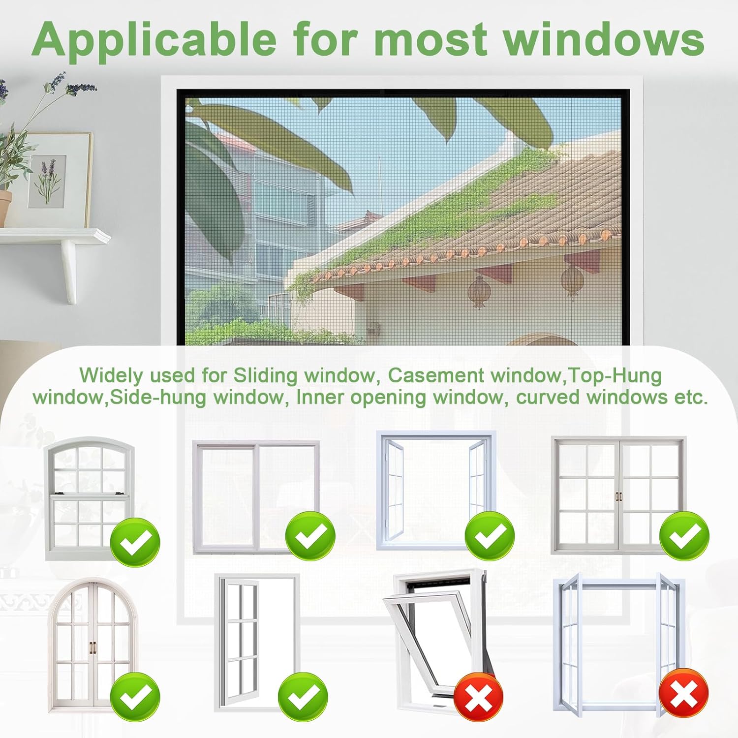 35x55 Inch Window Screen Fibreglass DIY Self-Adhesive, Mesh Curtain Adjusting Netting with Hook and Sticky Tape, Fitted to Multiple Windows for Anti Bugs Mosquito, Anti Pet Scratch (1Pack,Black)
