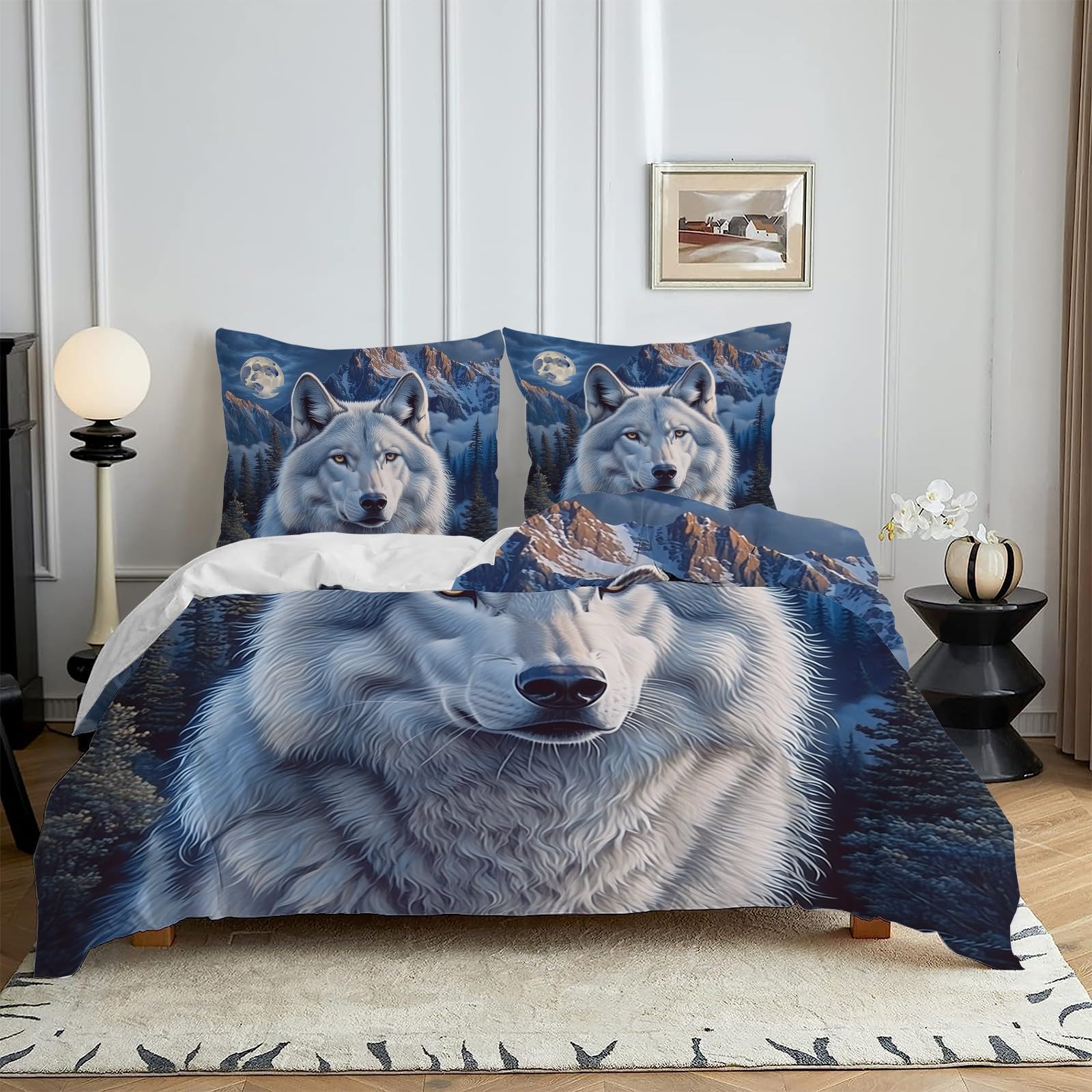 Housse couette 140x190 loup blanc avec 2 taies d'oreiller 65x65 cm