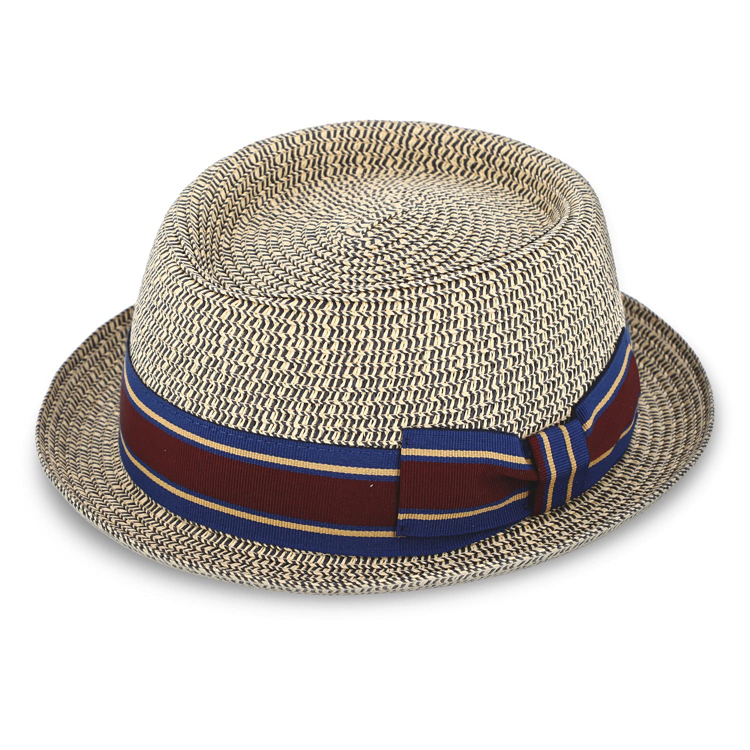 Fiebig Unisex Navy Wallku Pork Pie Paper Hat With Coloured Grosgrain Ribbon, Sun Hat Made Of 100% Paper, Melange Porkpie In Many Sizes, 61