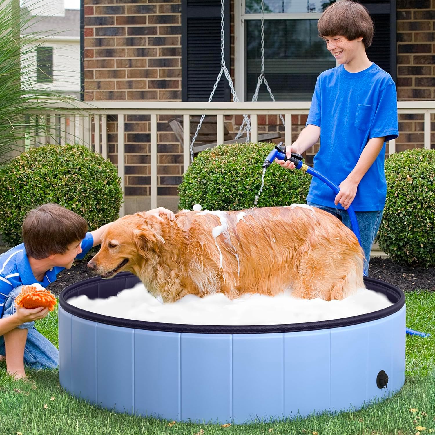 Wintem Piscina per Cani 160x160 cm Rotonda in PVC Resistente, Antiscivolo, Facile da Gonfiare - Ideale per Cani di Taglia Media, Piscina da Giardino per Animali