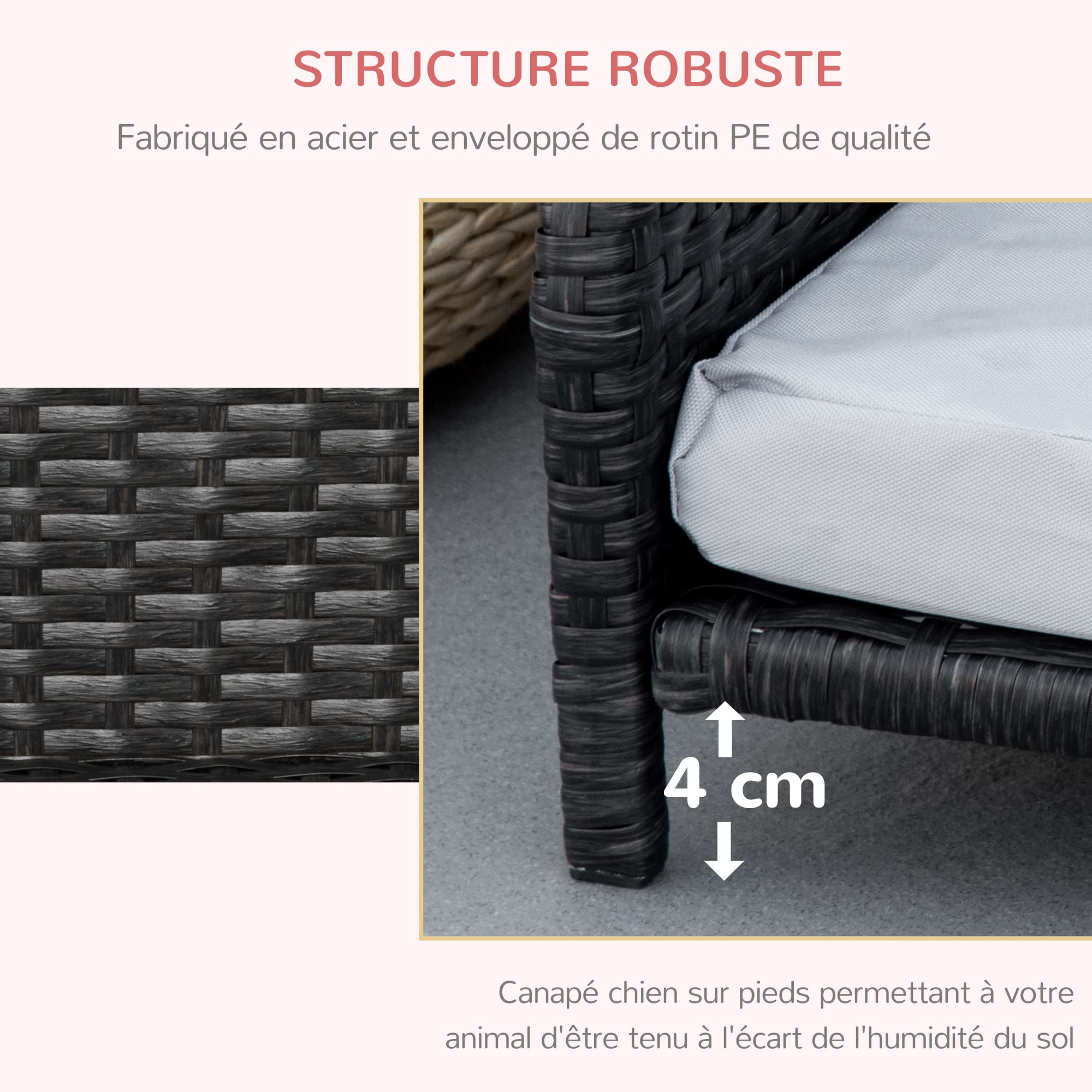 PawHut Canapé Panier pour Chiens et Chats, en résine tressée, avec Rembourrage, imperméable et Lavable, terne à l'intérieur et à l'extérieur. 75L x 45l x 35H cm