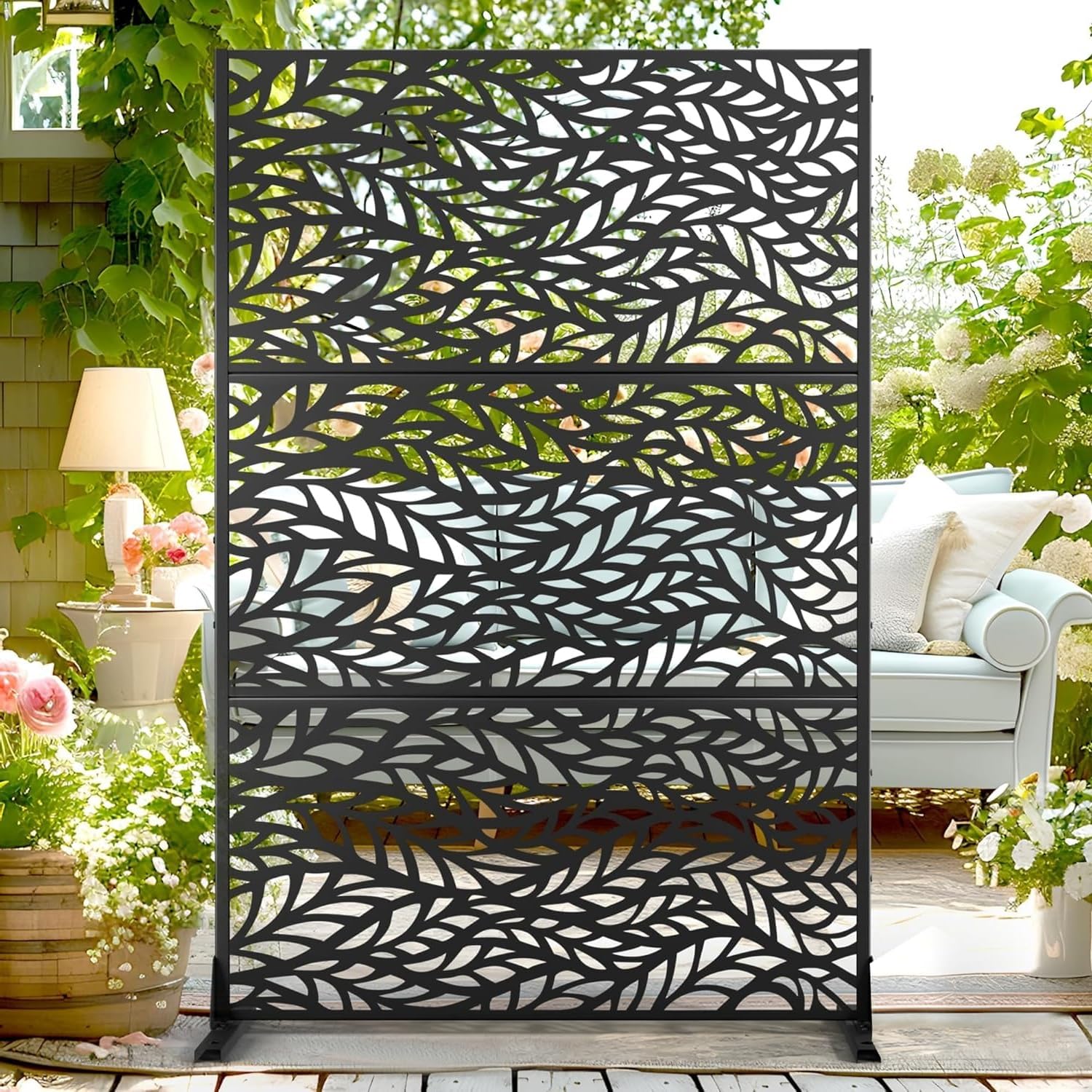 Decorative Garden Privacy Screen with Stand, 183x120cm Large Freestanding Metal Outdoor Divider with Installation Accessories, Trash Can Privacy Fence Screen Panels for Garden Pool Balcony Patio-D