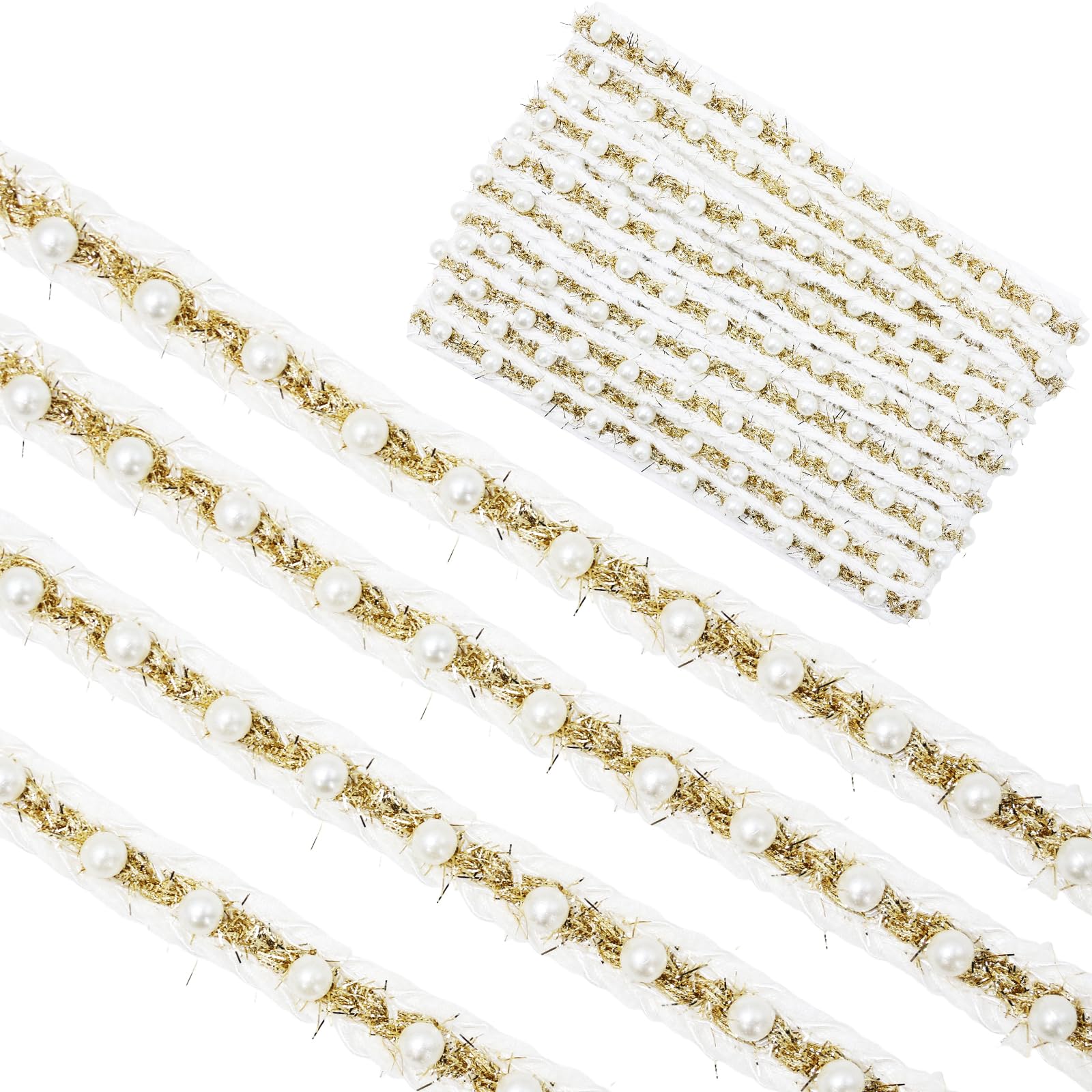 Yalulu 5 Yards Pearl Lace Edge Trim, Pearl Beads Fringe Trim Embroidered Applique Pearl Beaded Lace Edging Trimmings for Sewing, Dress Embellishment (Beige)