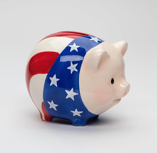 Miniatura 5 de Figura de cerdo patriótico de cerámica fina con bandera estadounidense, alcancía, 4-78 pulgadas de largo