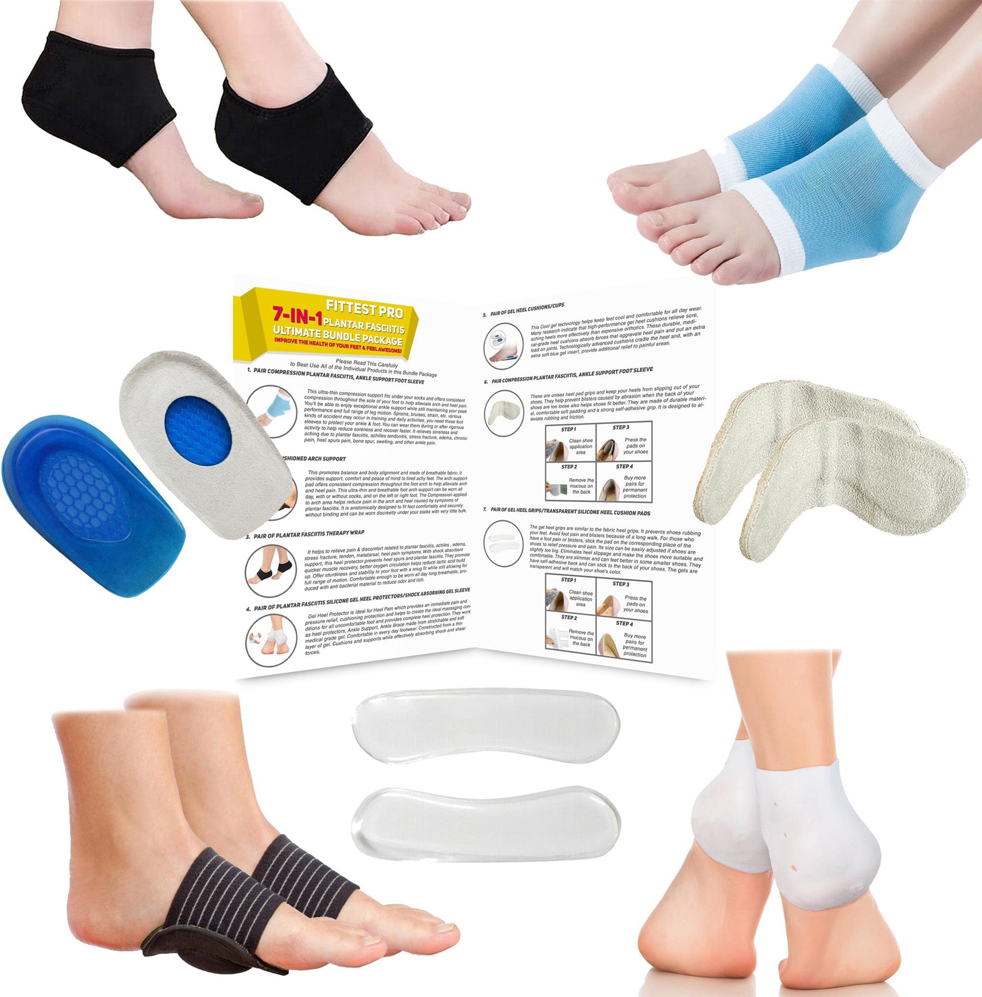 Plantar Fasciitis Foot Compression Sleeve Package - Ankle & Foot Pain Relief Socks - Heel & Arch Support, Heel Pads, Heel Cups And Grips, Shoe Inserts & Insoles For Metatarsal Pain - (Pack of 14)