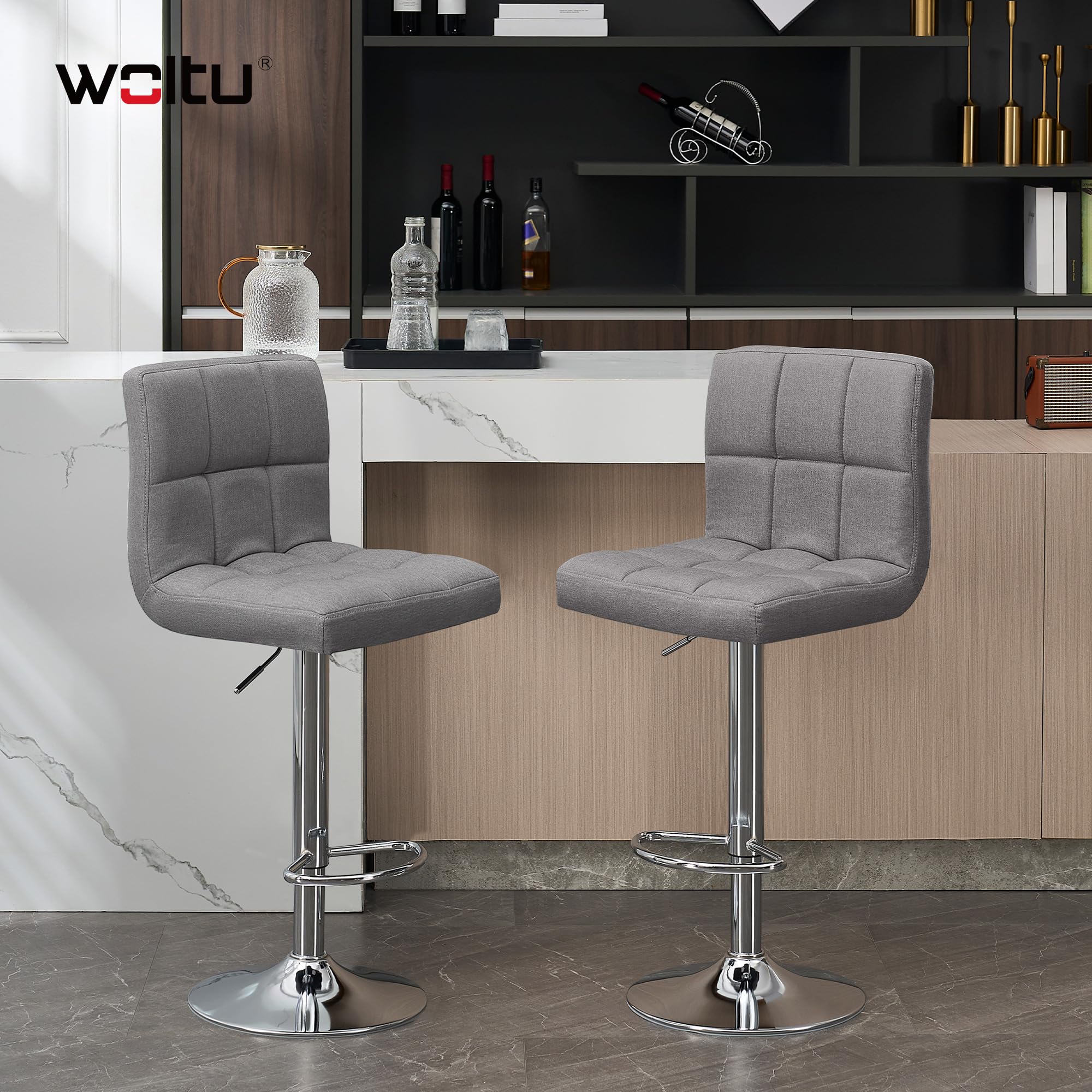 WOLTU Barhocker 2er Set Barstühle HellGrau, Höhenverstellbar, Drehstühle, Küchenstühle mit Rückenlehne und Fußstütze, Robuster Metallrahmen, gemütliche feines Leinen weiche Sitzfläche