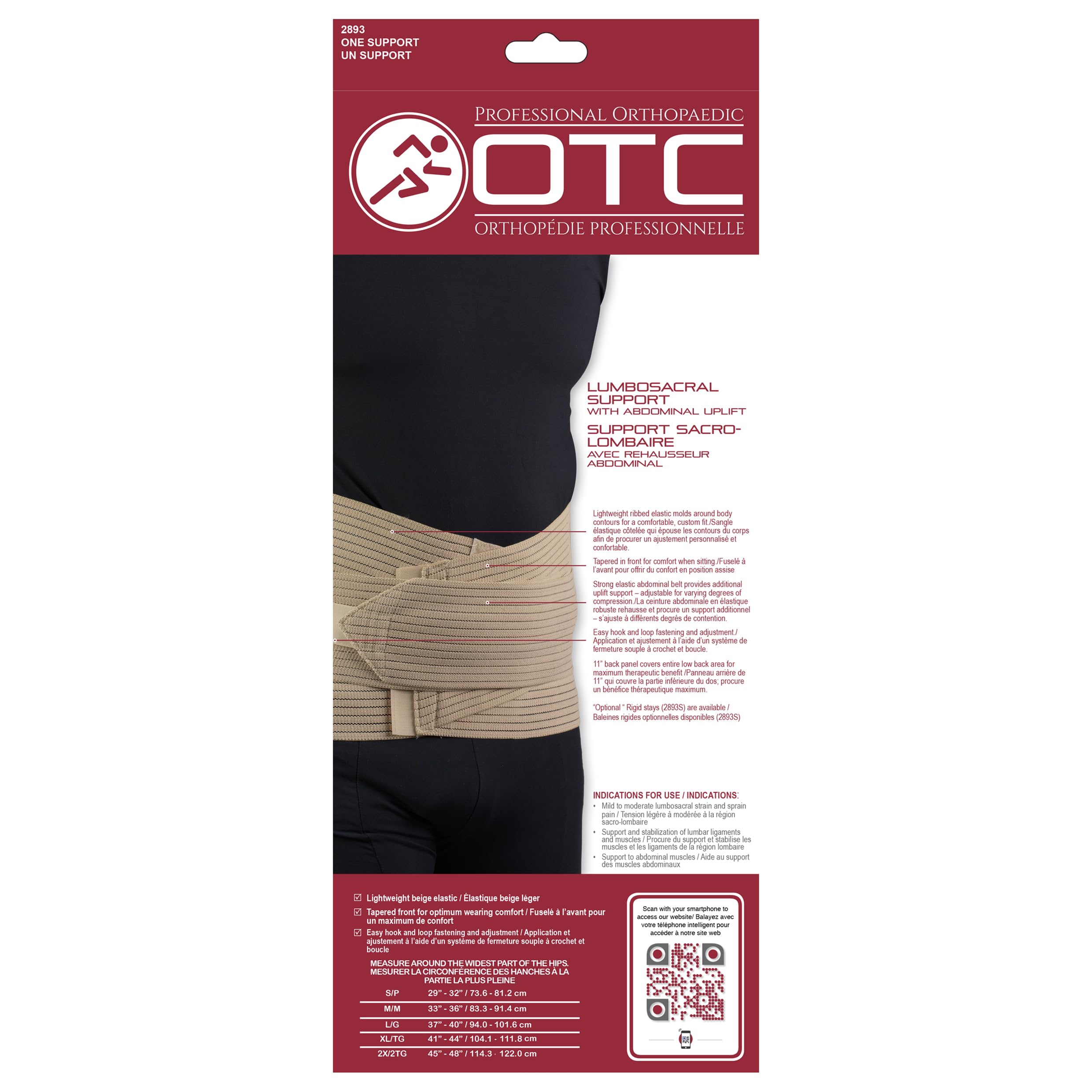 OTC Lumbo-Sacral Support, Abdominal Uplift, 11-Inch Lower Back, Elastic