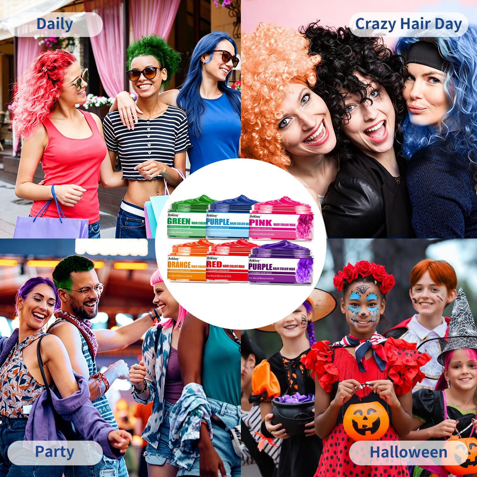 ANKOOY Wosk do włosów, tymczasowy, naturalny kolor włosów dla mężczyzn, kobiet, dzieci, na co dzień, na imprezę, Cosplay, Halloween DIY (zielony, pomarańczowy, różowy, fioletowy, czerwony, niebieski