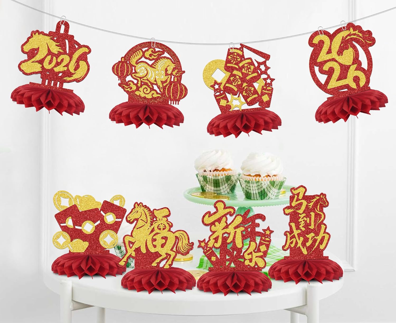 8PCS Happy Chinese New Year Honeycomb Centerpieces Chinese New Year Party Table Decorations for Chinese New Year Decorations Red & Gold Glitter