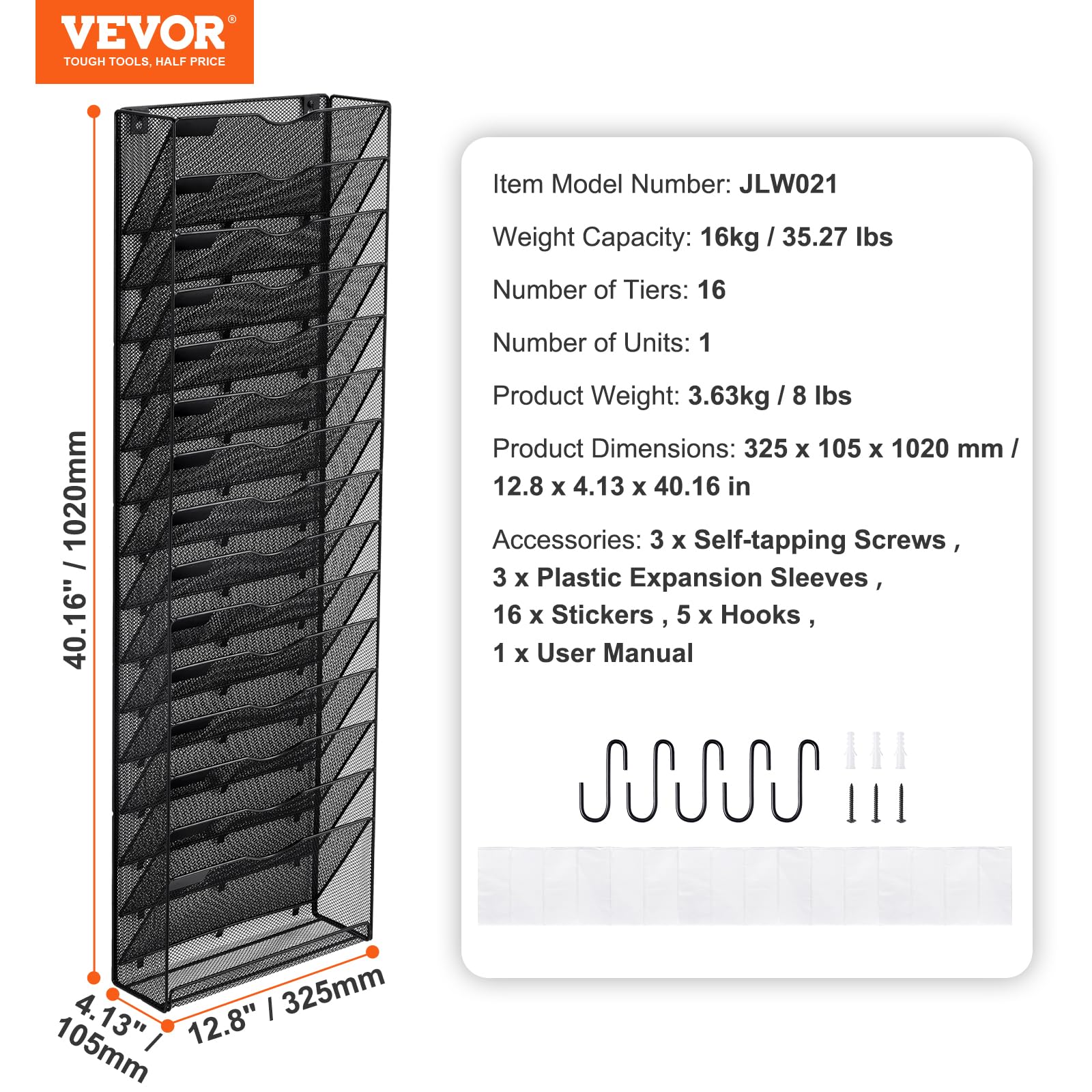VEVOR Organiseur mural à suspendre - 16 niveaux - Support mural vertical en métal pour magazines, courrier et documents - Avec étiquette de nom, plateau plat inférieur - Pour bureau, maison et école