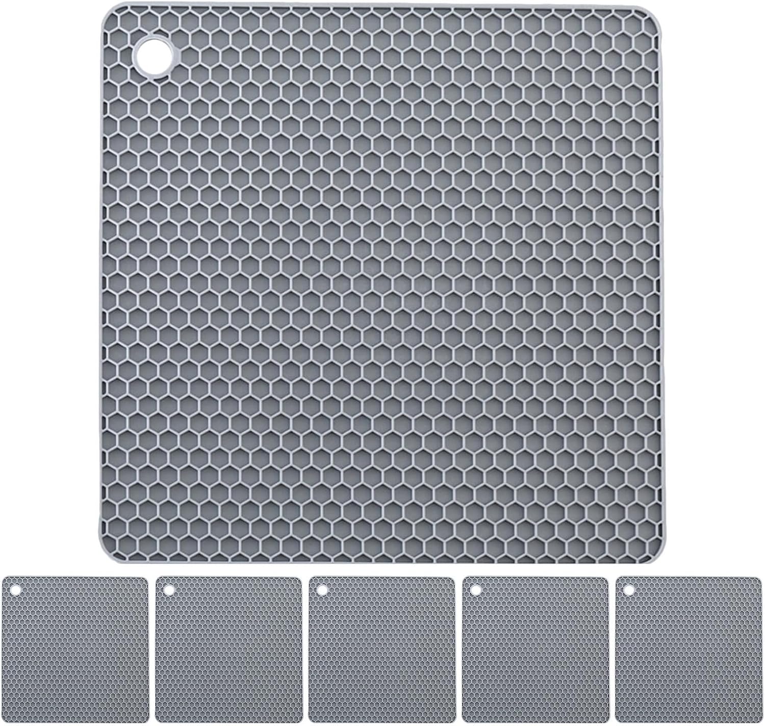 6pcs Heat Resistant Silicone Trivet Mats for Kitchen Countertop Square Non-Slip Heat Pad Placemats for Pots and Pans, Grey Silicone Table Hot Pads