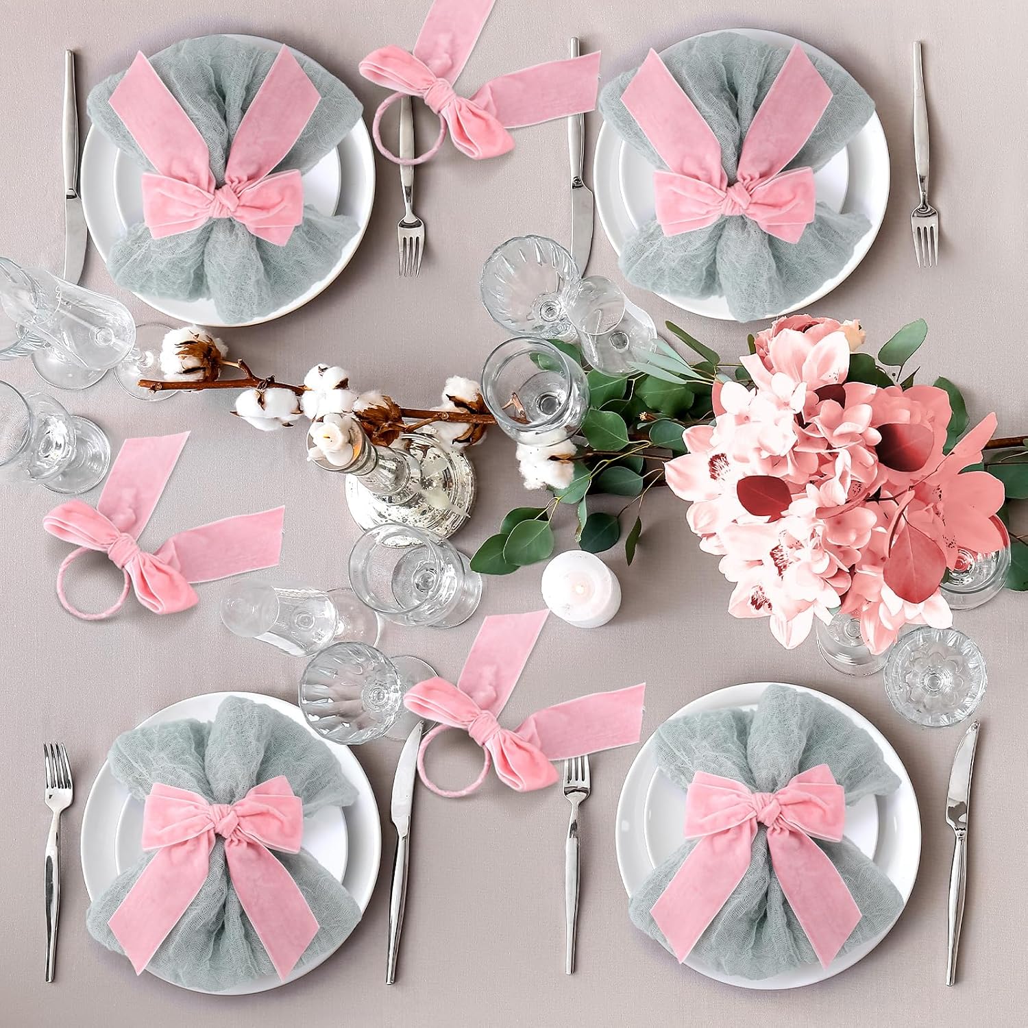 Maxdot 24 Pcs Bow Napkin Rings Set, Velvet Napkin Holders Buckles 4 x 4.9 Inch Serviette Rings for Family Dinner, Wedding, Party, Banquet, Table Decorations (Bright Pink)