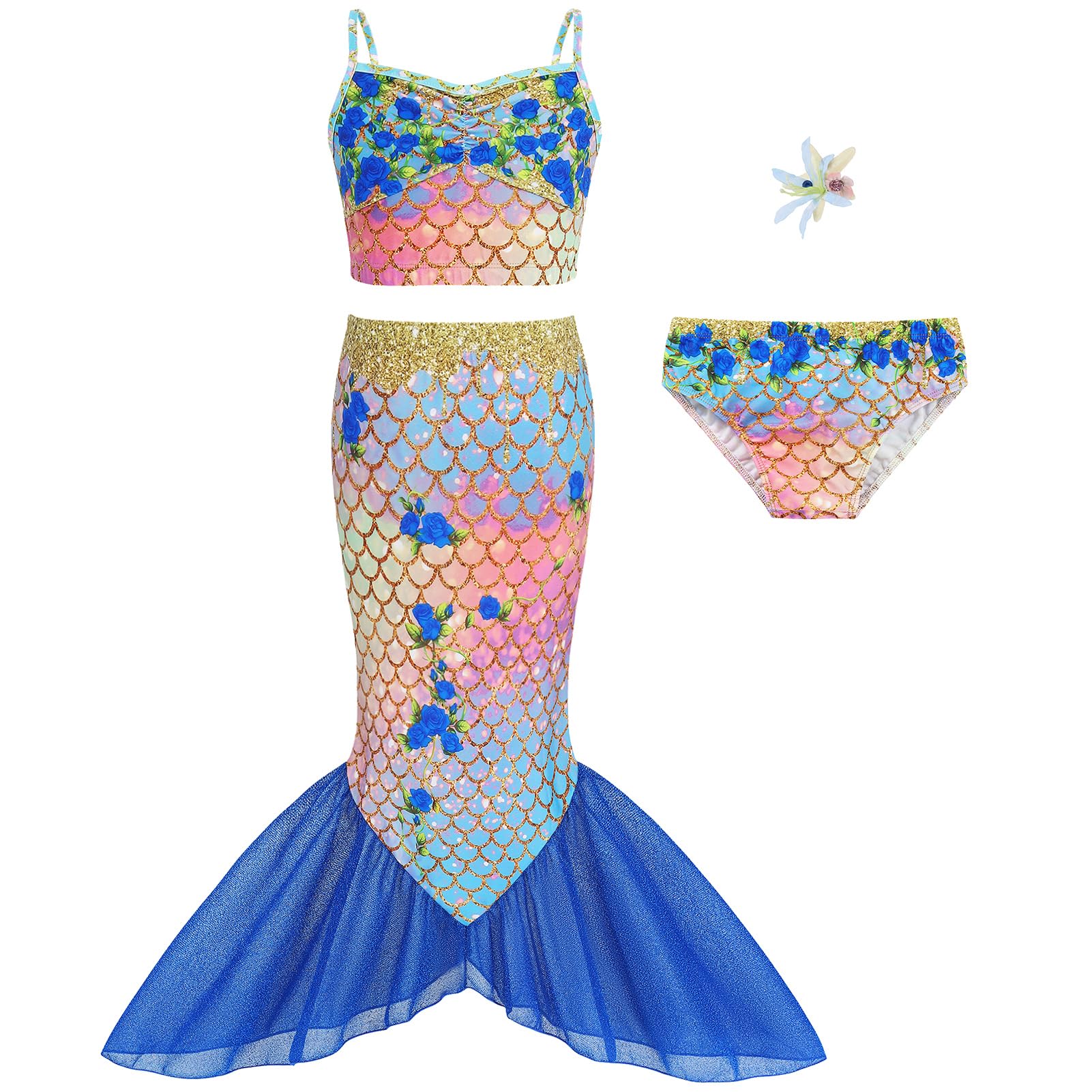 Mermaid Girls Bathing Suit 3Pcs Bikini Bottoms Fish Tail Swimsuit Kids Beach Pool Swimwear 3-12Y