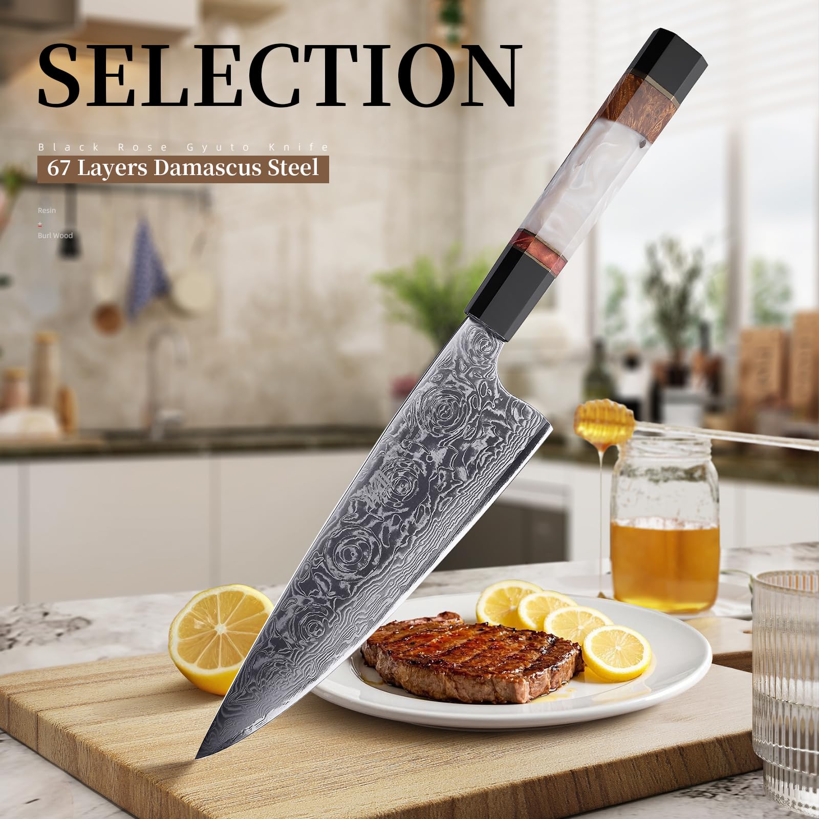 FINDKING Gyuto Messer 19,8cm, Damaststahl Kochmesser BLACK-ROSE Serie | Gyuto Messer, 19,8cm Klinge, Damaststahl, Japanischer Stil, Kochmesser, Präzisionsschnitt, Fleisch Gemüse Küche