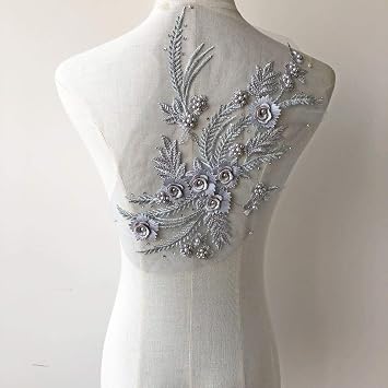 Grey 3D Flower Lace Applique with Beads Embroideried Sewing Appliques Wedding Motif Lace Patch for Craft Projects Costumes