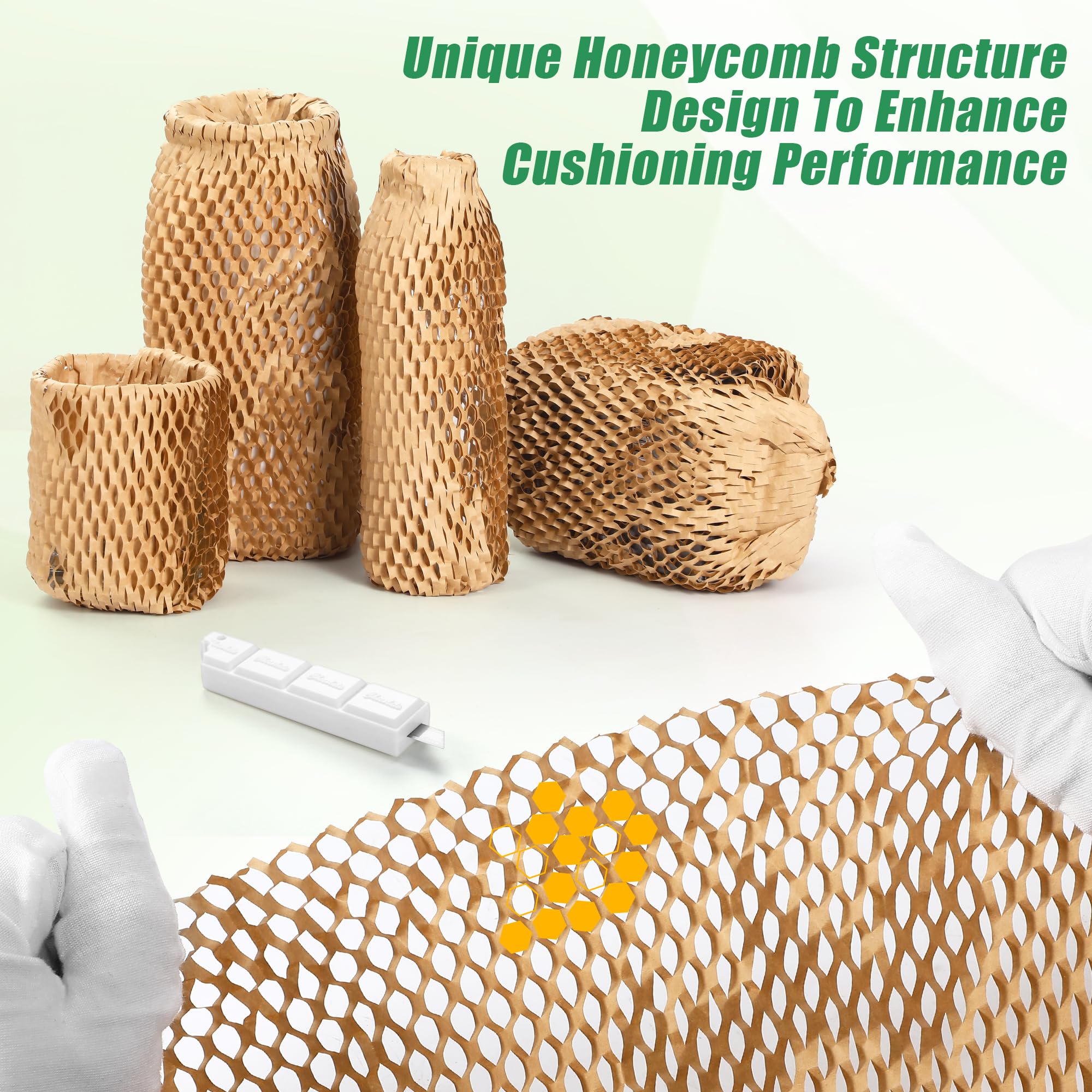 Papel de embalaje ecológico de panal de abeja de 12 x 300 pies (certificado FSC) + 40 calcomanías y cortador de seguridad, alternativa reciclable de envoltura de burbujas para mudanzas, correos
