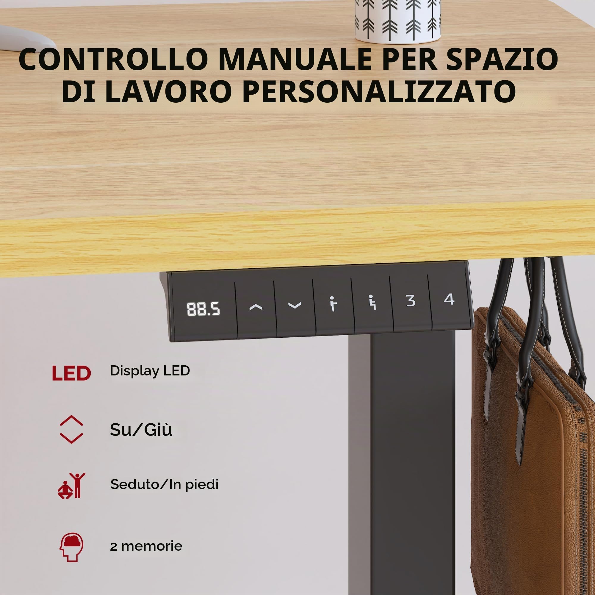 SANODESK Scrivania Regolabile in Altezza con Piano Completo – Inclusi 4 Accessori: Portabicchieri, Gancio, Contenitore e Gestione Cavi, con Funzione di Memoria, per Ufficio e Tempo Libero