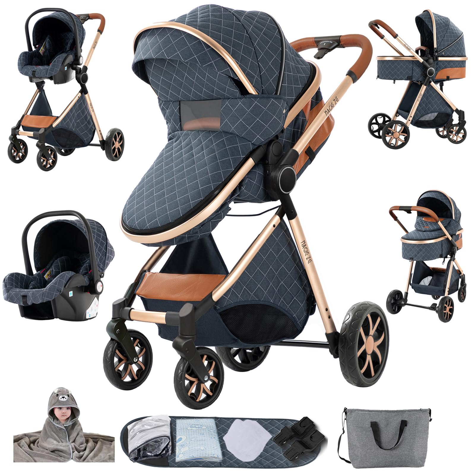 Passeggino 3 in 1 Trio Neonati, Tessuti di Alta Qualità Carrozzina per Neonato, Spinta Bidirezionale Passeggino Reversibile, Visione Aperta Passeggini Trolley (YV9 Blue)