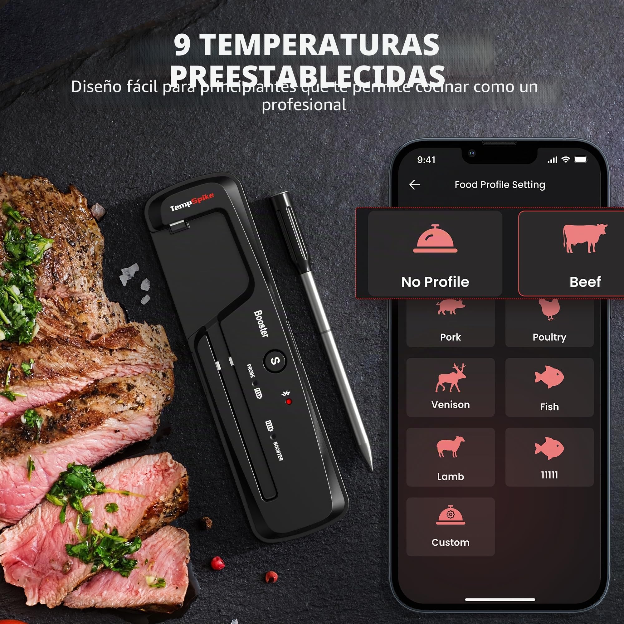 ThermoPro TempPro TP961 150M Termómetro de Cocina Inalámbrico, Termómetro de Carne Bluetooth con Alarma de Temperatura, Termómetro Digital Cocina para Parrilla, Barbacoa