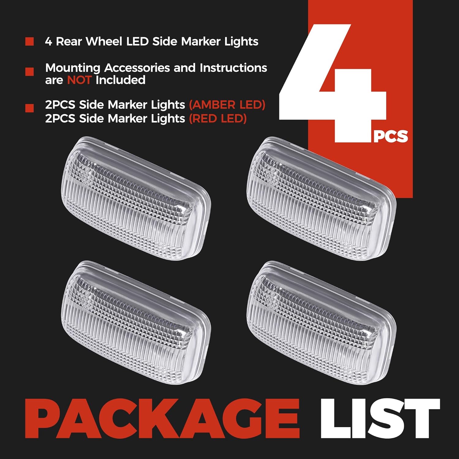 HECASA 4Pcs LED Fender Side Marker Lights Compatible with 2015-2023 Chevy Chevrolet Silverado/GMC Sierra 2500HD 3500HD Dual Rear Wheel Bed Front Rear Side Lamp Left & Right Clear Lens Amber & Red