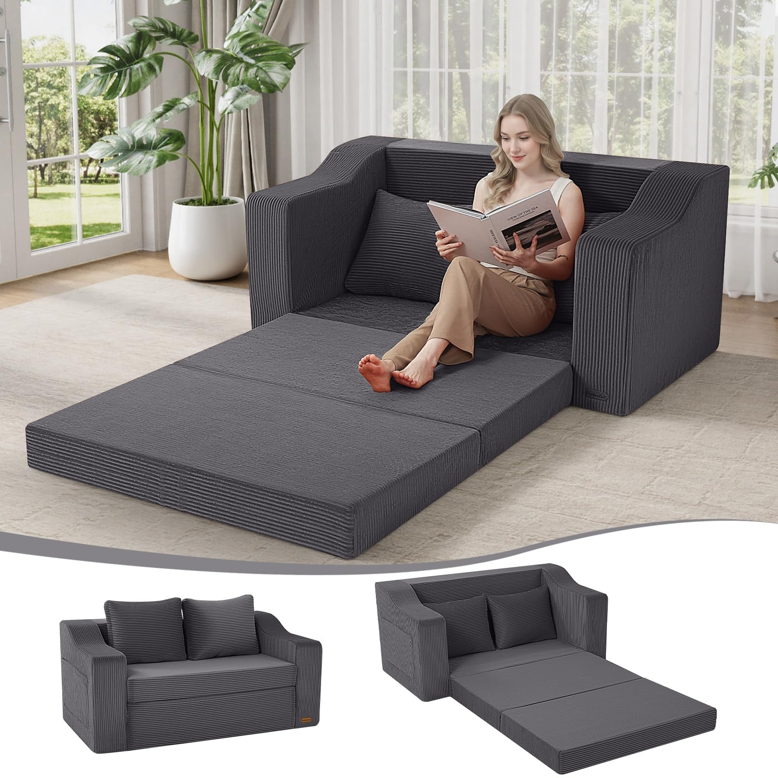 Sofá cama convertible de pana plegable para pisos pequeños y cama de invitados