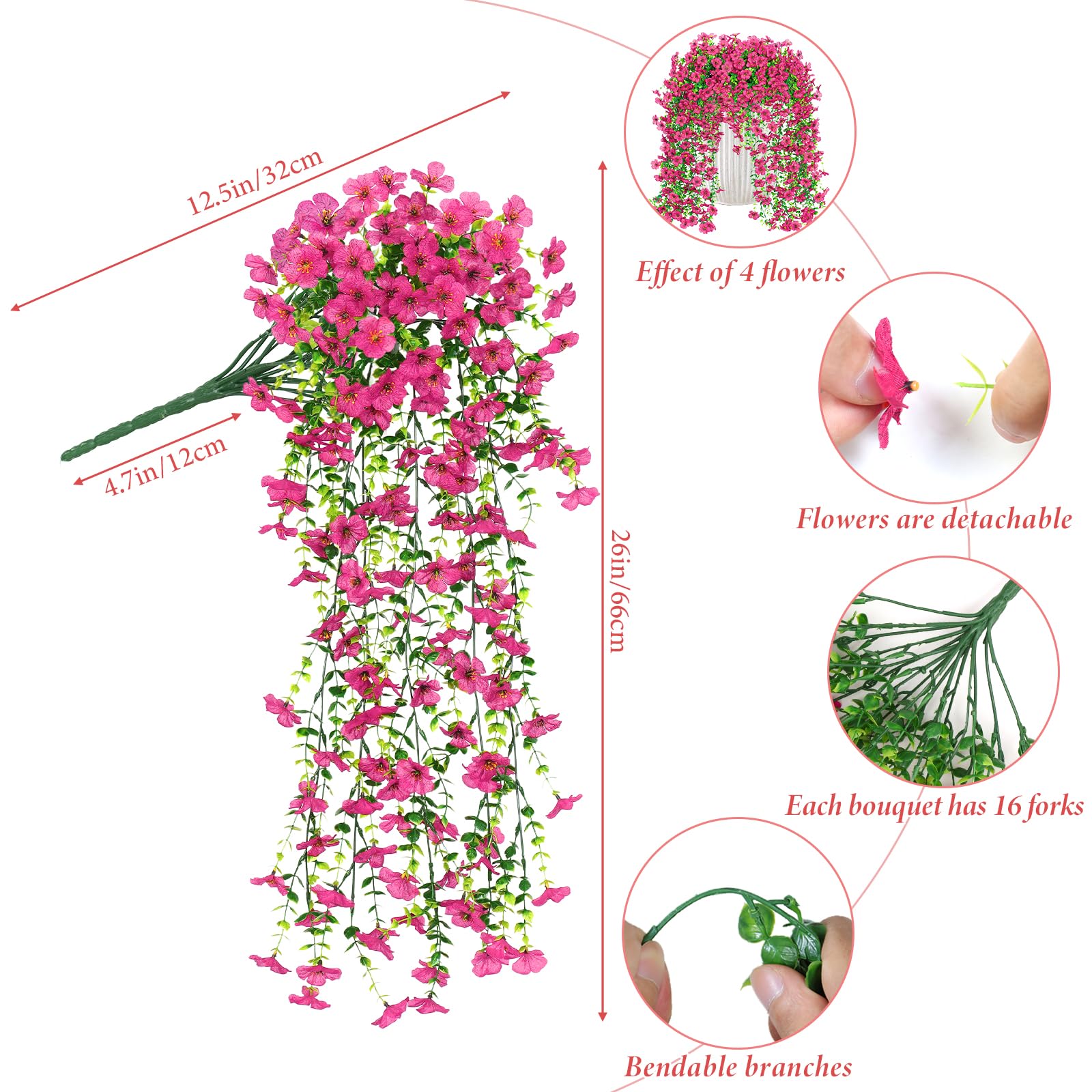 Betylifoy Flores artificiales colgantes, 4 unidades de plantas artificiales colgantes como reales de 76 cm de largo, flores artificiales para exteriores, resistentes a la intemperie, resistentes a los