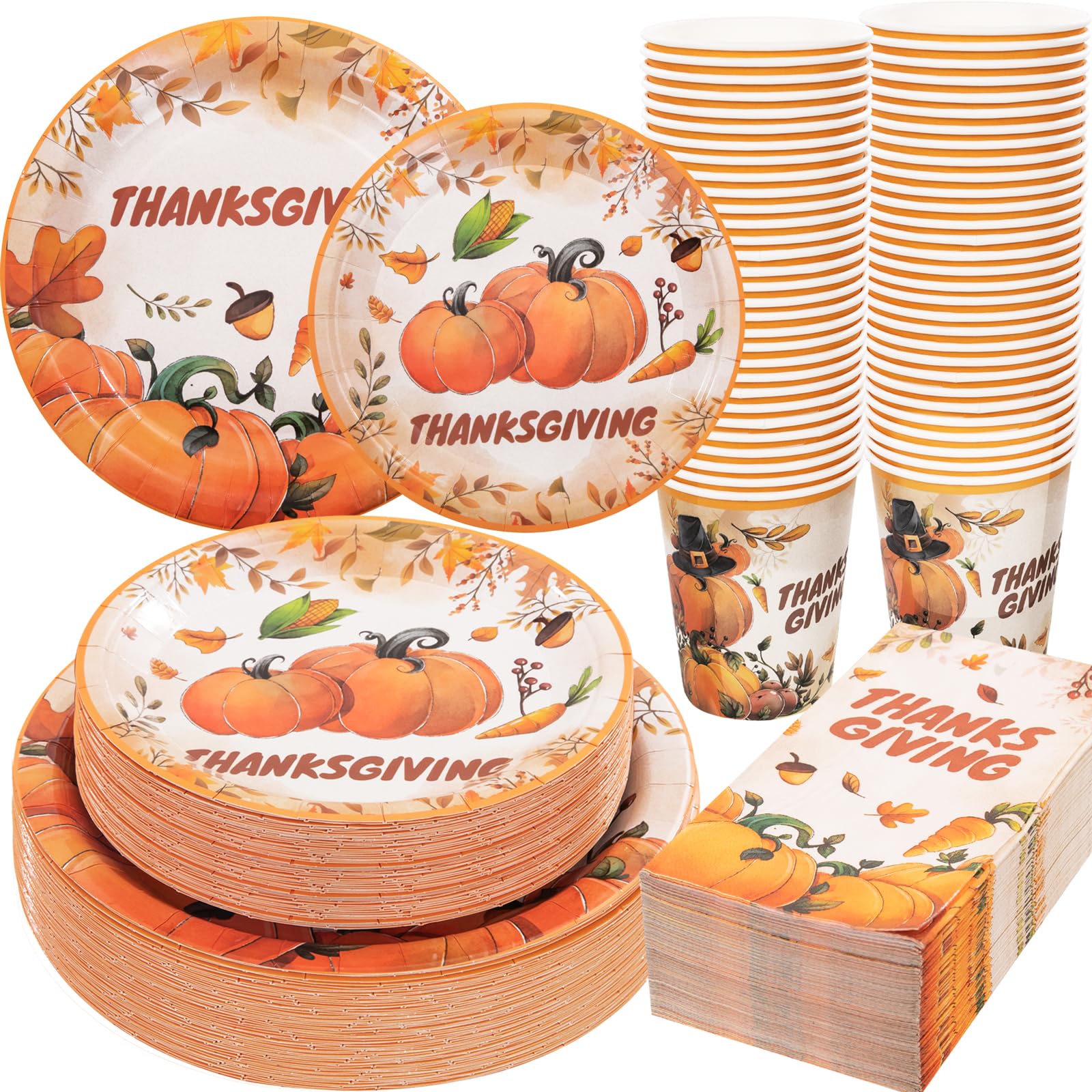 EI 200pcs Thanksgiving Paper Plates,Thanksgiving Party Supplies,Thanksgiving Plates and Napkins Sets,Thanksgiving Dinnerware with Pumpkin,Fall Paper Plates for Thanksgiving Autumn Harvest