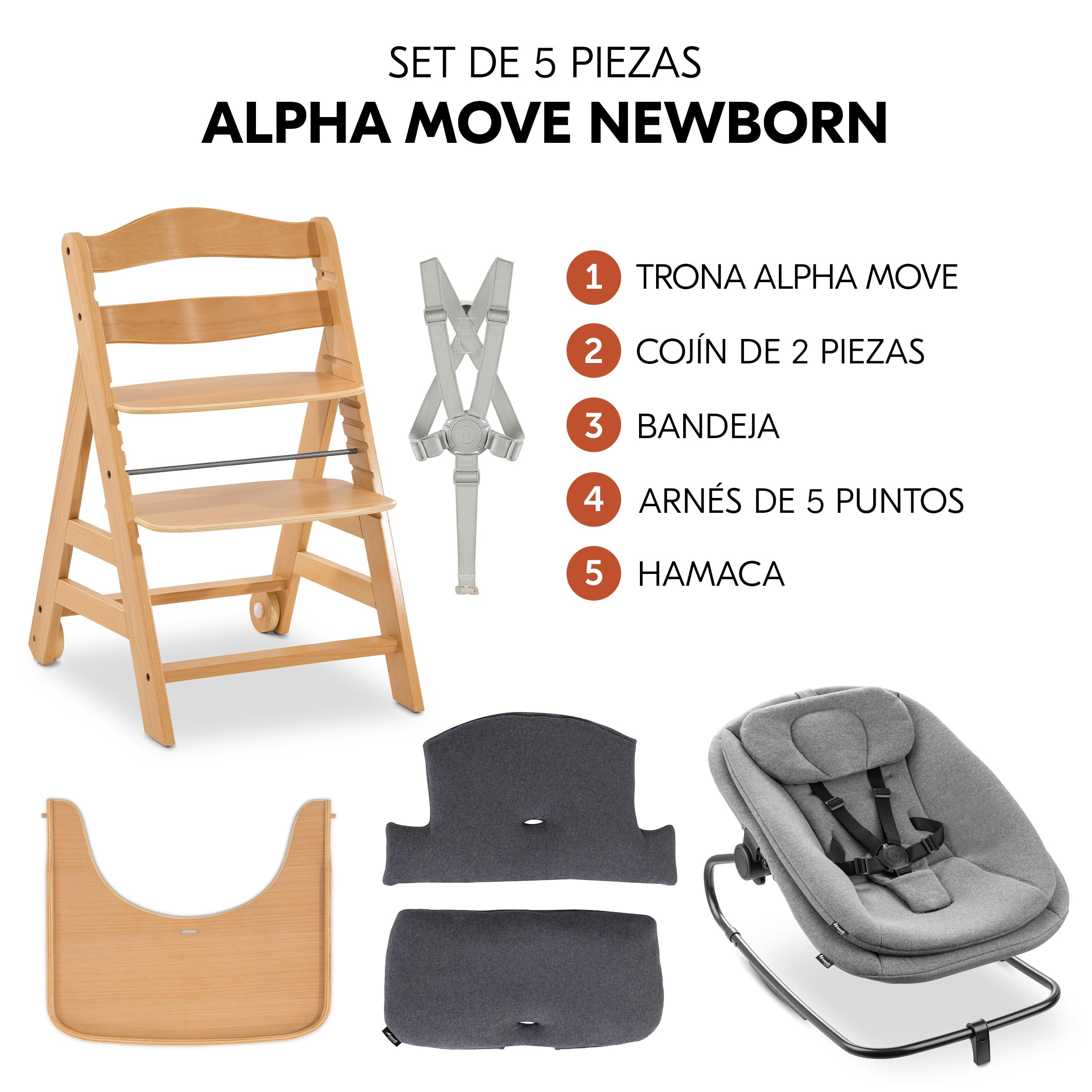 hauck Alpha Move Set 3 en 1 Trona de Madera Evolutiva con Hamaca para Recién Nacido | Silla alta Bebé desde el Nacimiento | Tronas Niños Completa Incluye Cojín y Bandeja - Natural