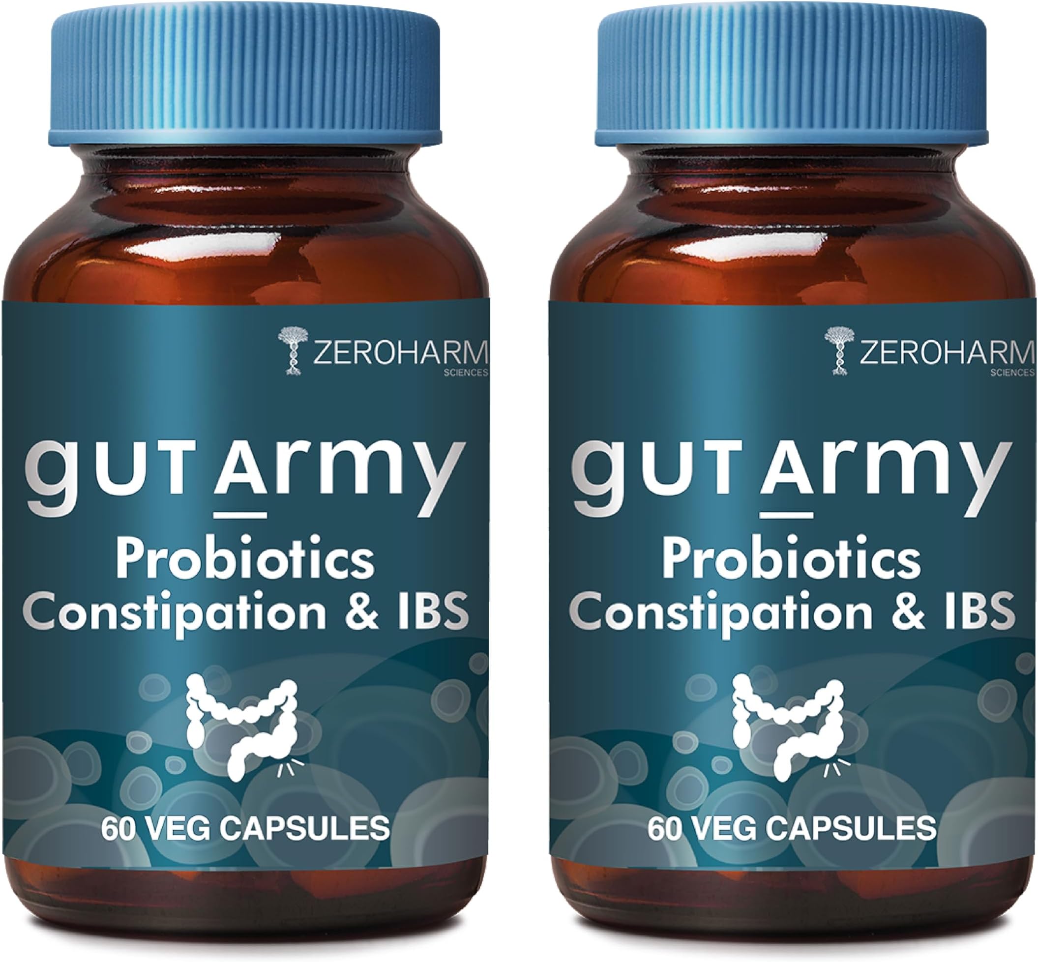 ZEROHARM Gut Army Probiotics Constipation & IBS - With Prebiotics, Psyllium Husk & Pipperment Extract - Improves Digestion & Gut, Colon Cleanse, Bloating Relief - for Men & Women - 120 Veg Capsules