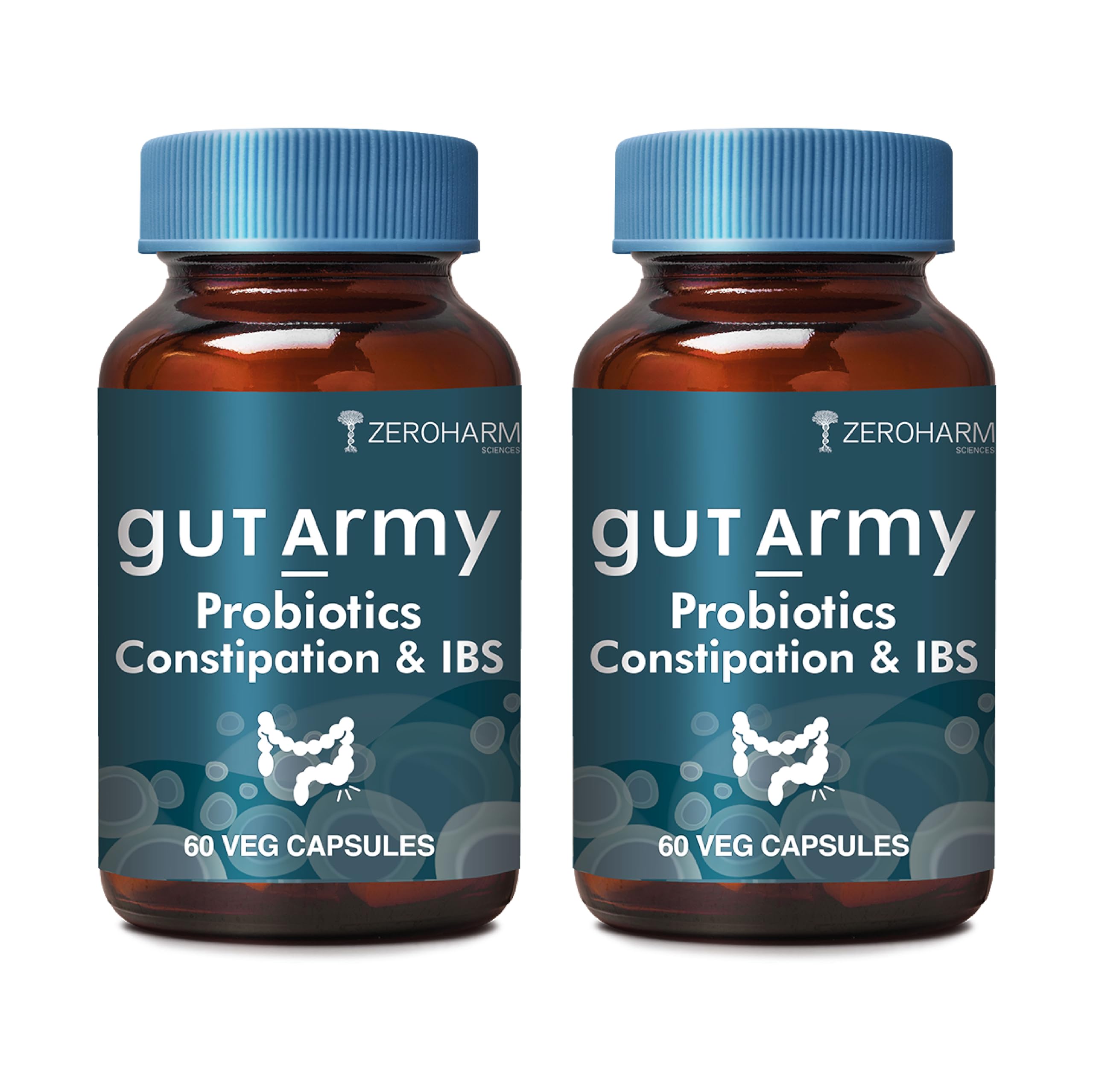 ZEROHARM Gut Army Probiotics Constipation & IBS - With Prebiotics, Psyllium Husk & Pipperment Extract - Improves Digestion & Gut, Colon Cleanse, Bloating Relief - for Men & Women - 120 Veg Capsules