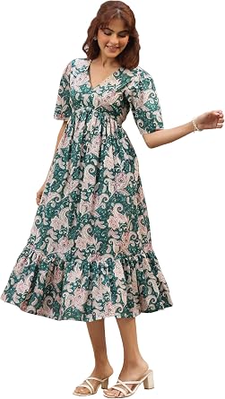 Janasya Womens Cotton Green Floral Print Casual Wear Summer Dress for Women