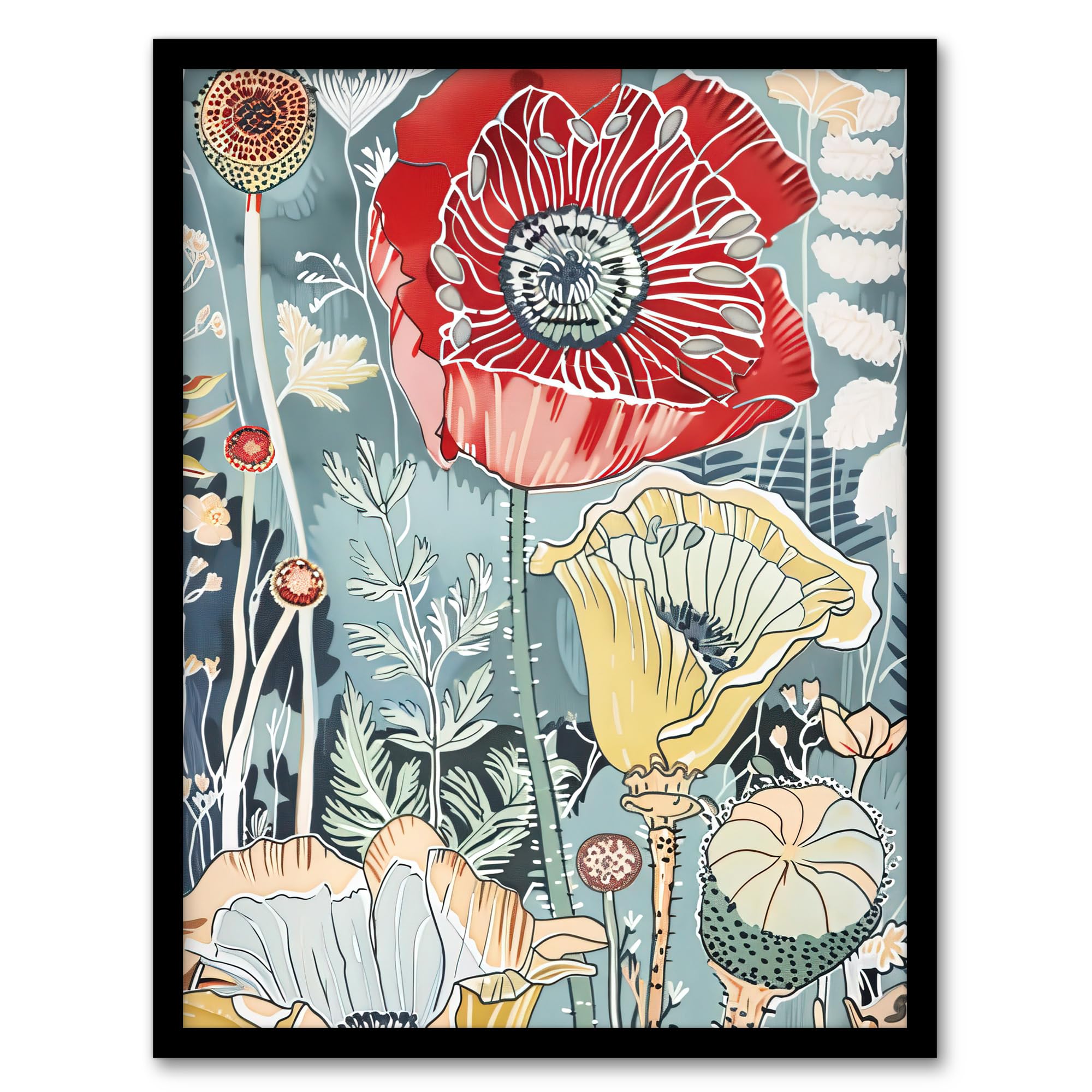 Stylised Poppy Flowers Pastel Colour Design Framed Art Print - Artery8 - Blue - A4
