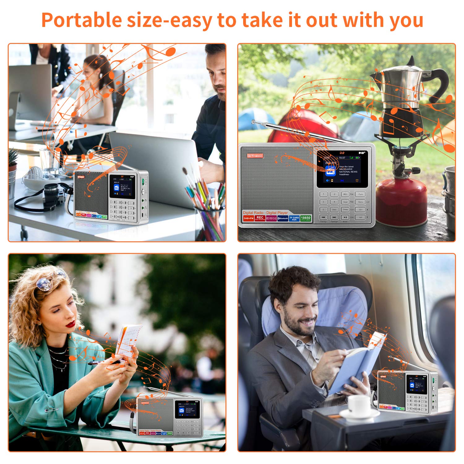 Radio compacte avec Dab+/FM, Lecture Audio, Heure/Alarme, Affichage Couleur, Bluetooth et Support multilingue. Idéal pour Les Voyages, Les entraînements ou l'utilisation en Cuisine. des possibilités