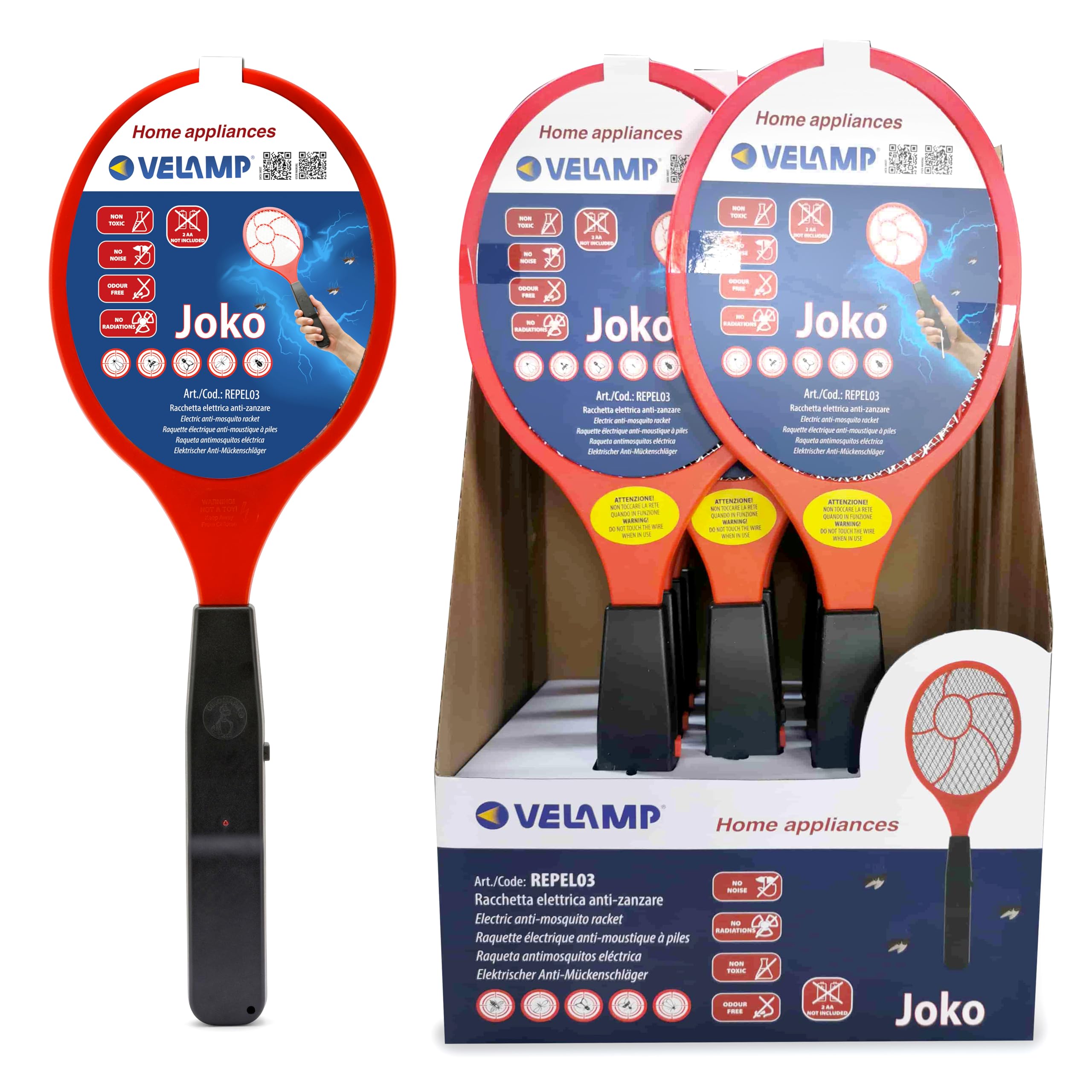 VELAMP JOKO REPEL03 Raquette Électrique Insectes Anti Moustique 1500V 3 Couches LED 16x44,5cm