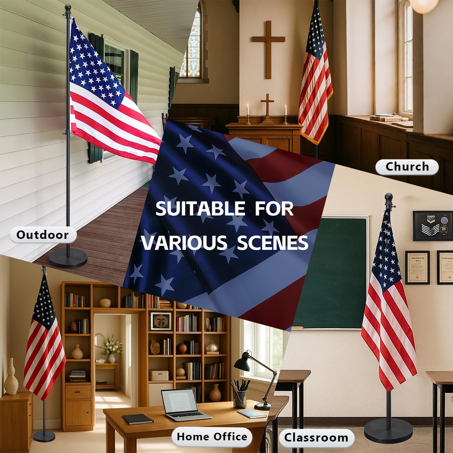 Flag Stand Indoor - 1" Heavy Duty Metal Flag Pole Set with Base,6-8ft Adjustable,Portable & Free Standing For Office,Conference Room,Classroom,Entryway,Outdoor Porch Deck (Black) - Image 7