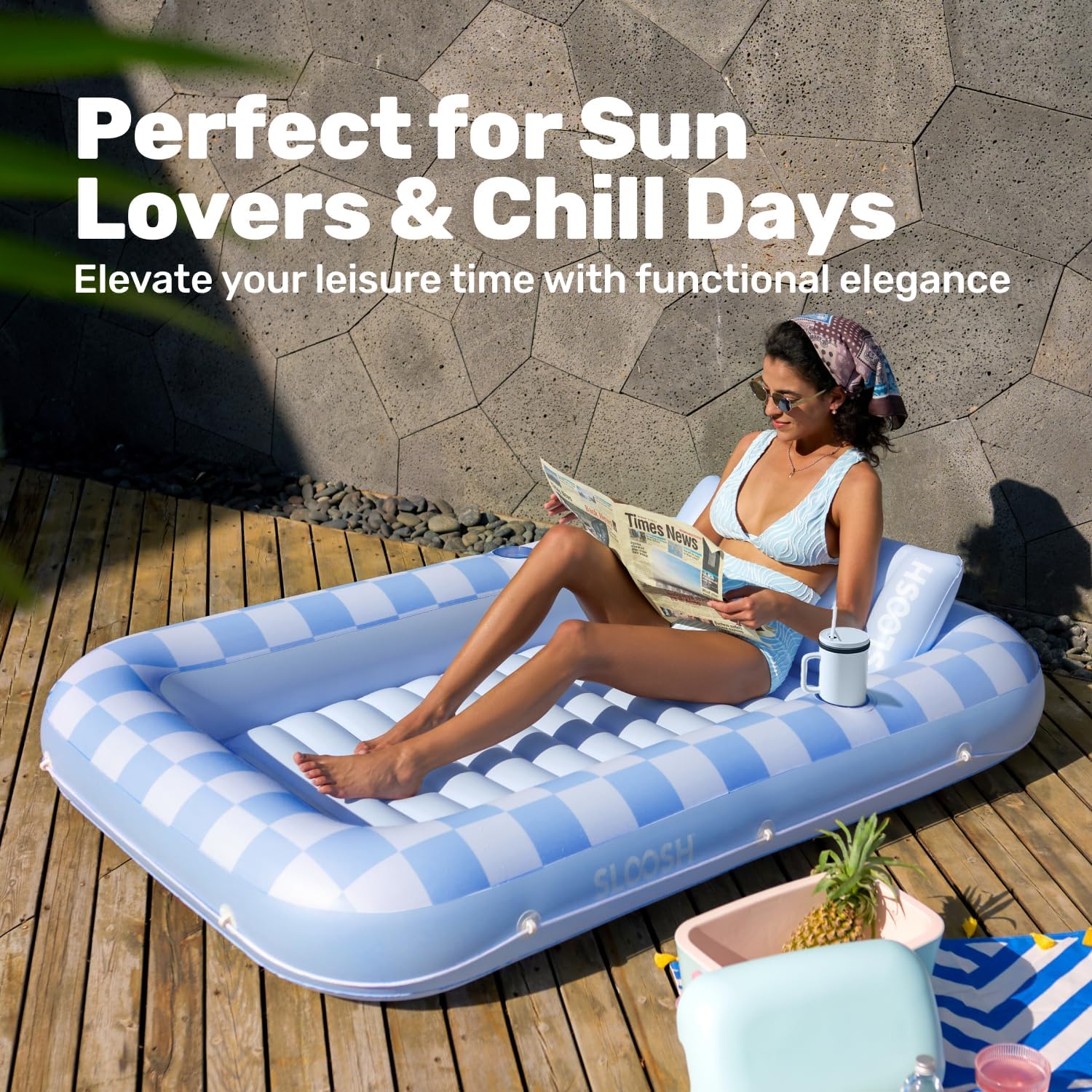 SLOOSH Inflatable Tanning Pool Lounger Float, 70" x 46" Pool Floats Adult with Pillow, 4 in 1 Suntan Tub Raft Floatie,Sunbathing Bed Lounge for Water Blow Up Ball Pit Party Gifts