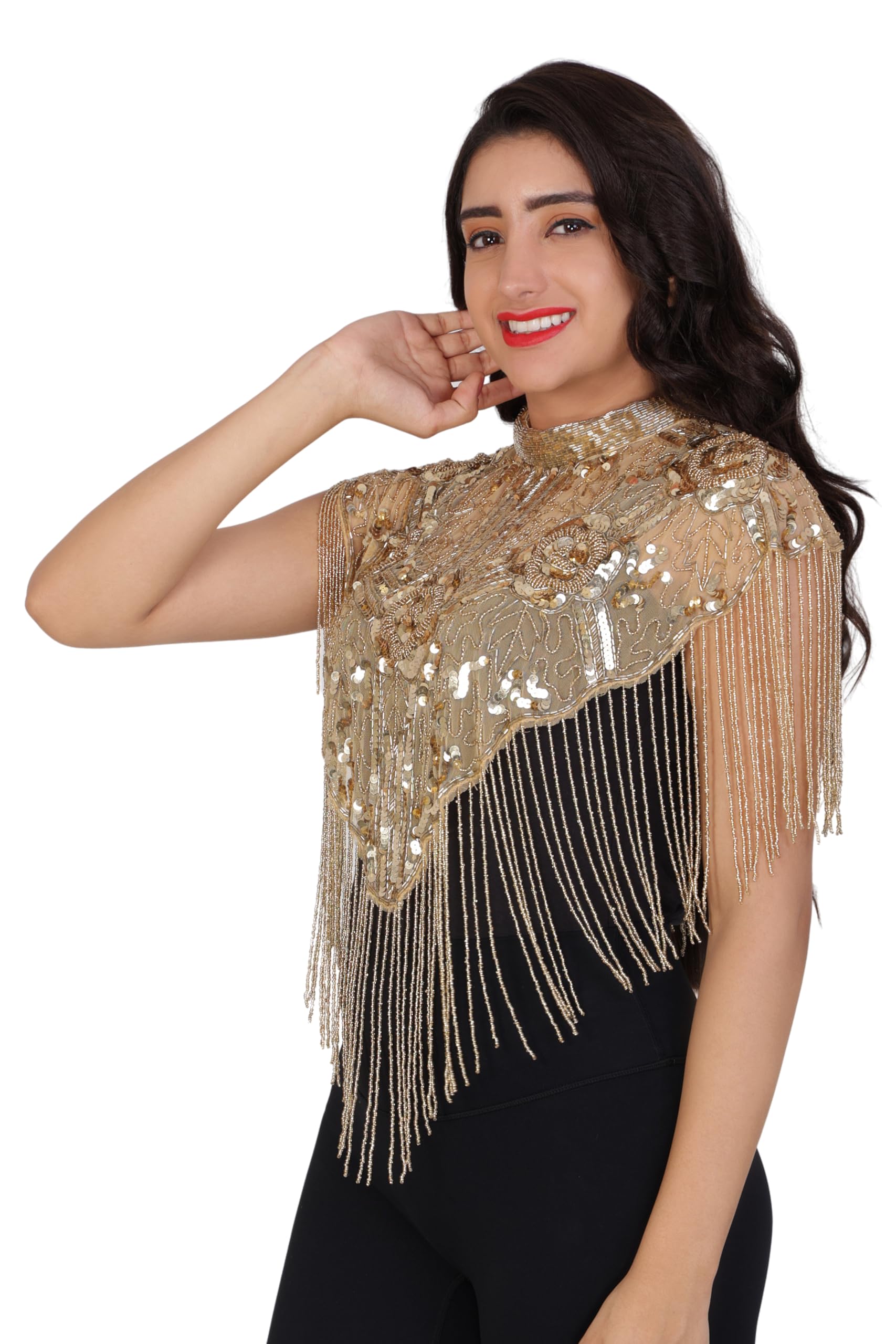 Women's Net New Hand Bead Embroidery Designer Short Cape Regular Poncho-image-40